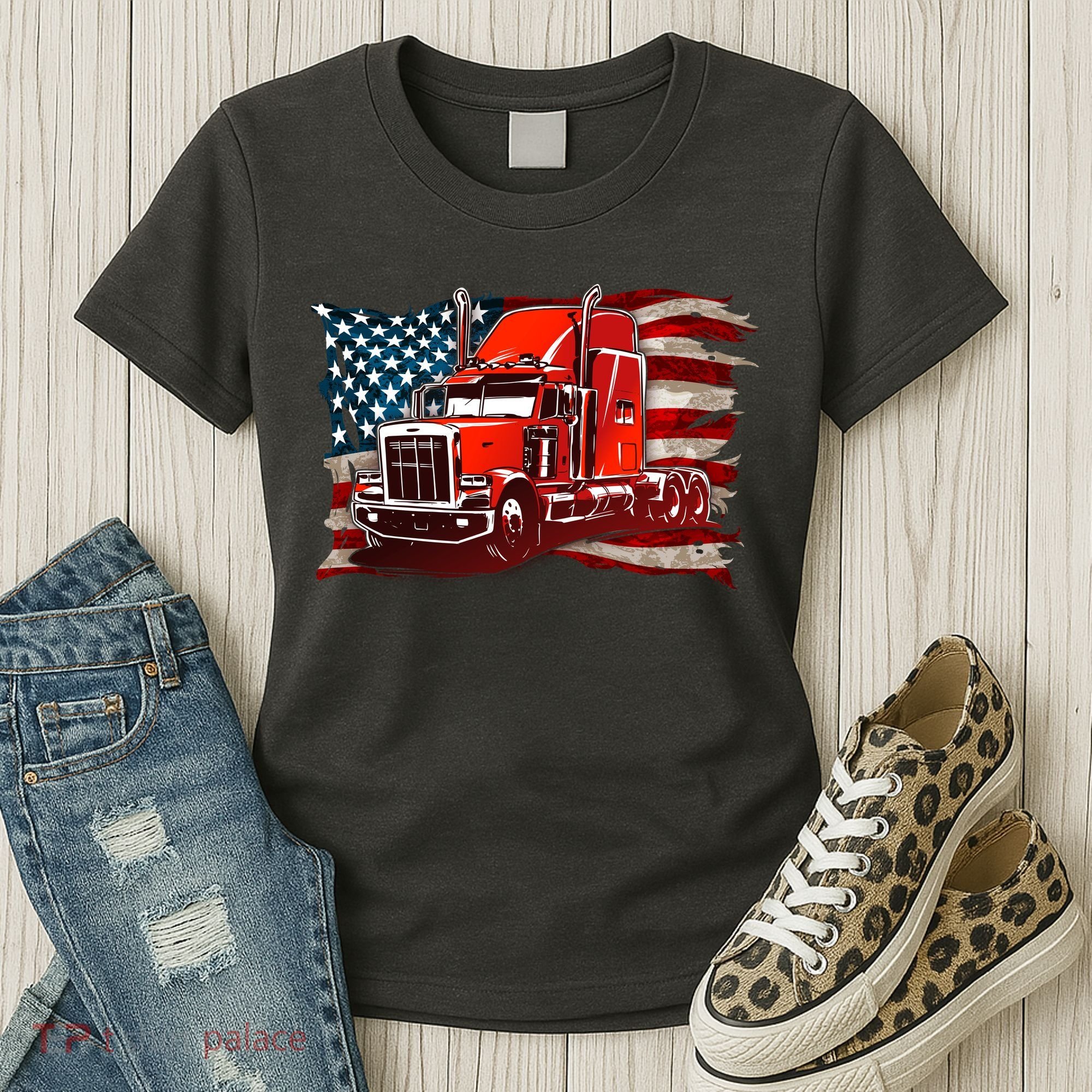 Cool Trucker Semi Truck Torn Distressed American Flag Women's T-Shirt