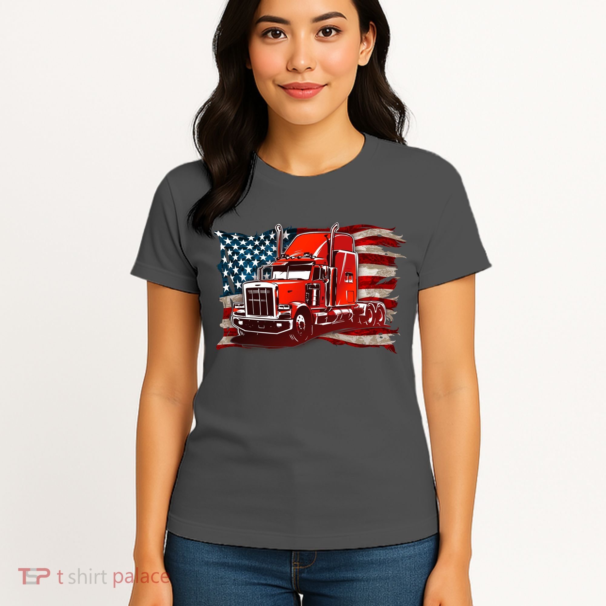 Cool Trucker Semi Truck Torn Distressed American Flag Women's T-Shirt