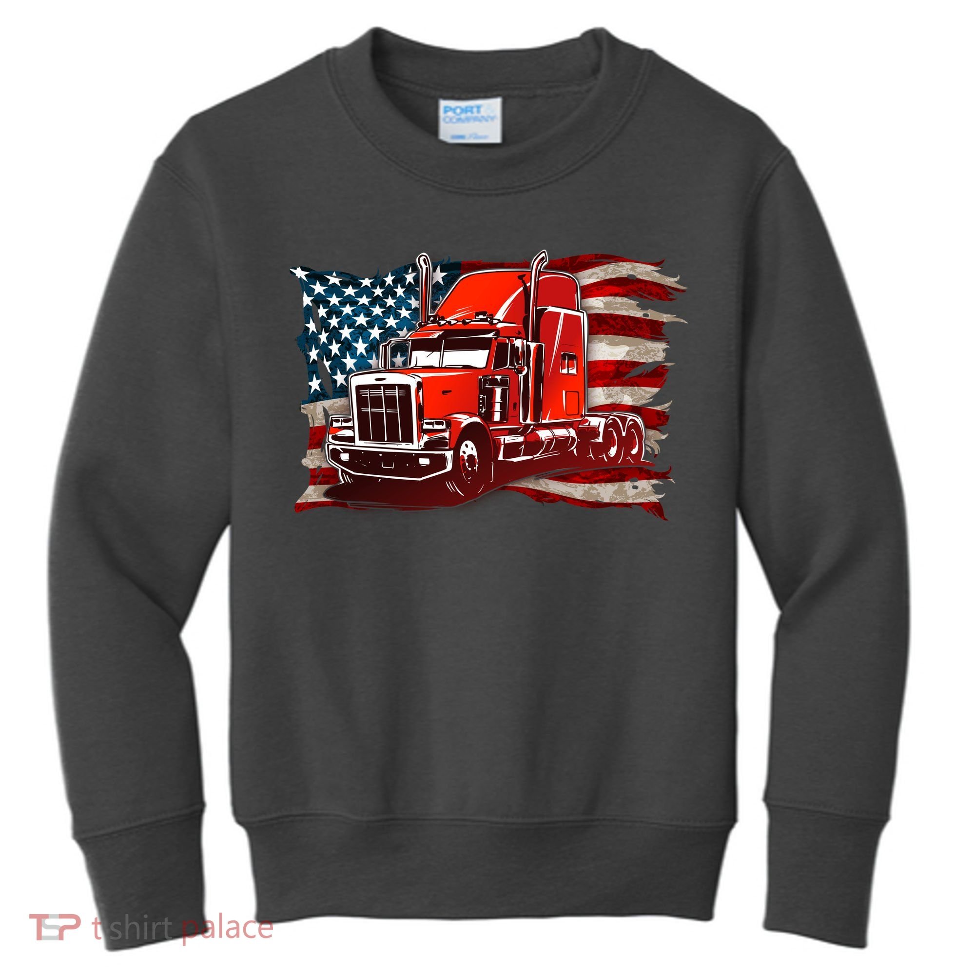 Cool Trucker Semi Truck Torn Distressed American Flag Kids Sweatshirt