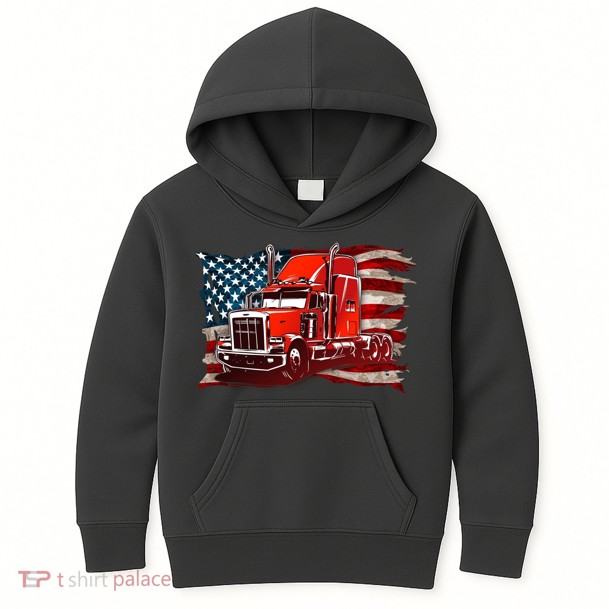 Cool Trucker Semi Truck Torn Distressed American Flag Kids Hoodie