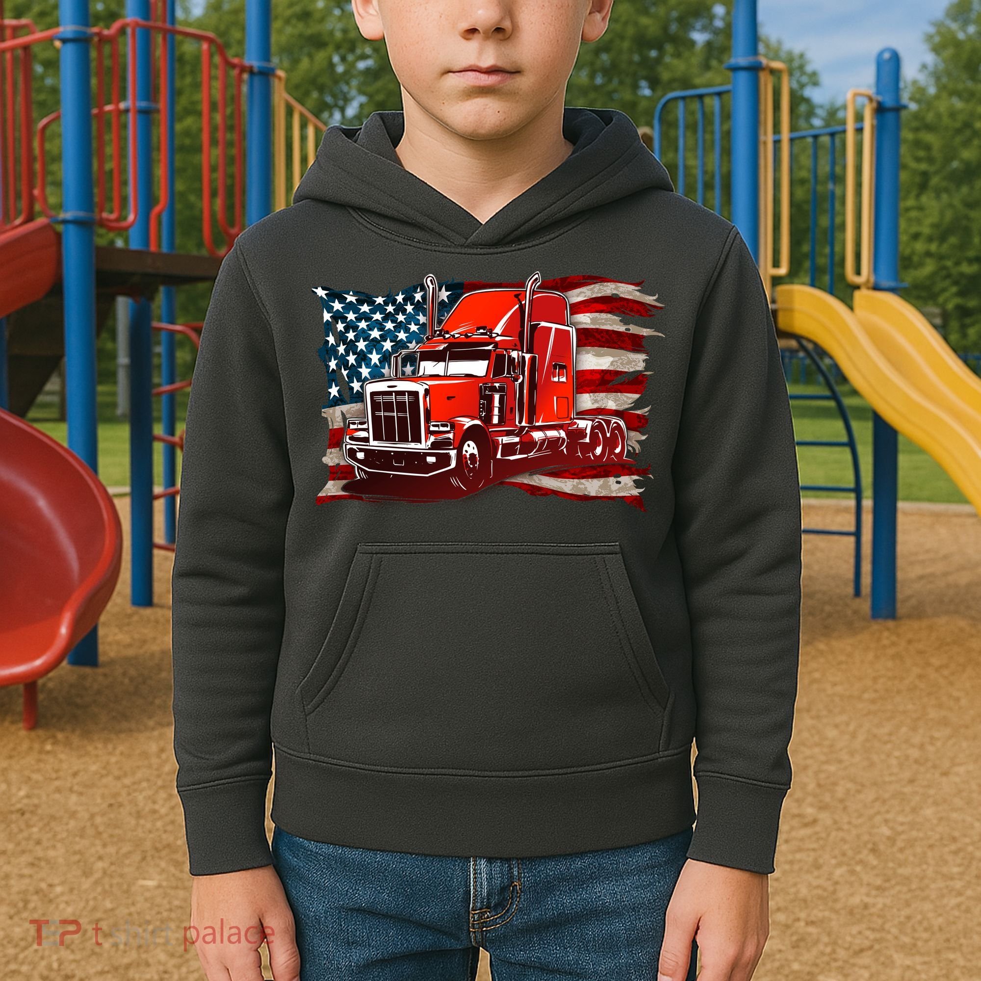Cool Trucker Semi Truck Torn Distressed American Flag Kids Hoodie