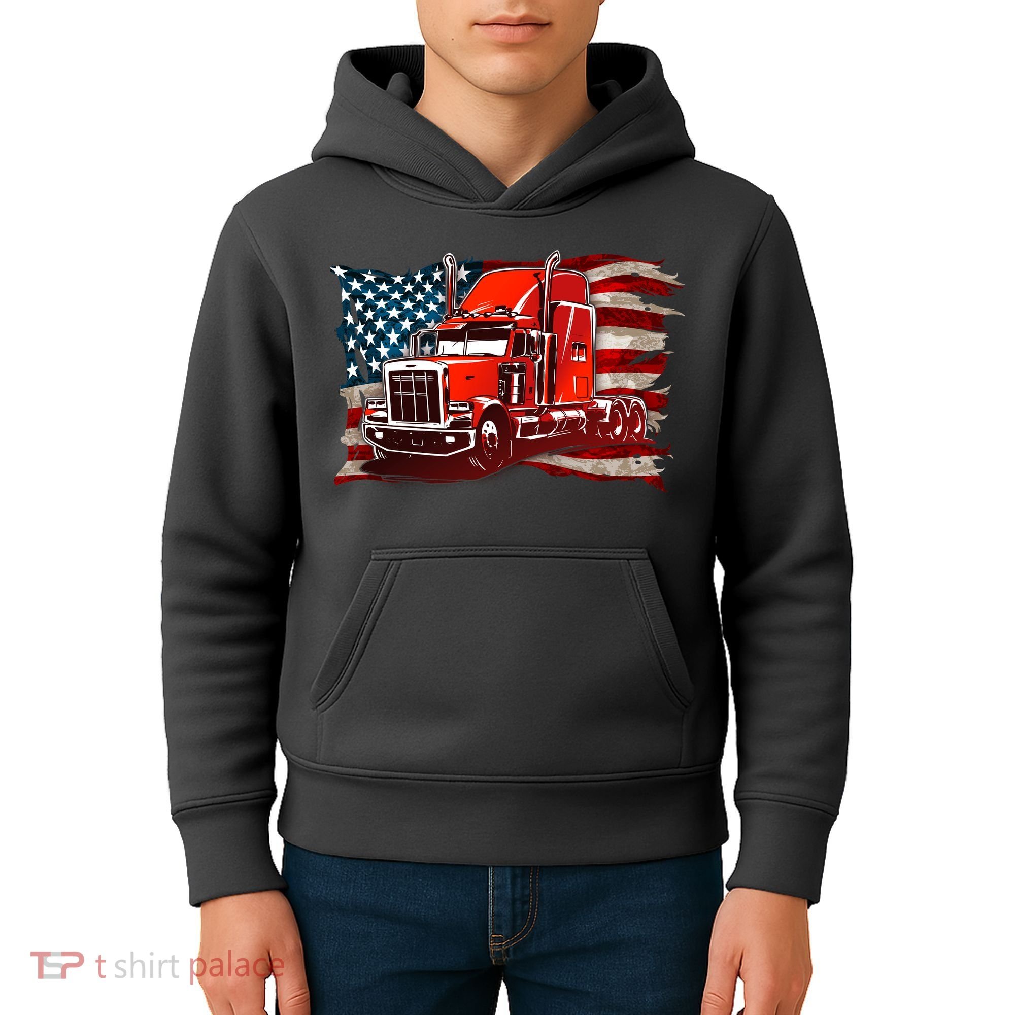 Cool Trucker Semi Truck Torn Distressed American Flag Kids Hoodie