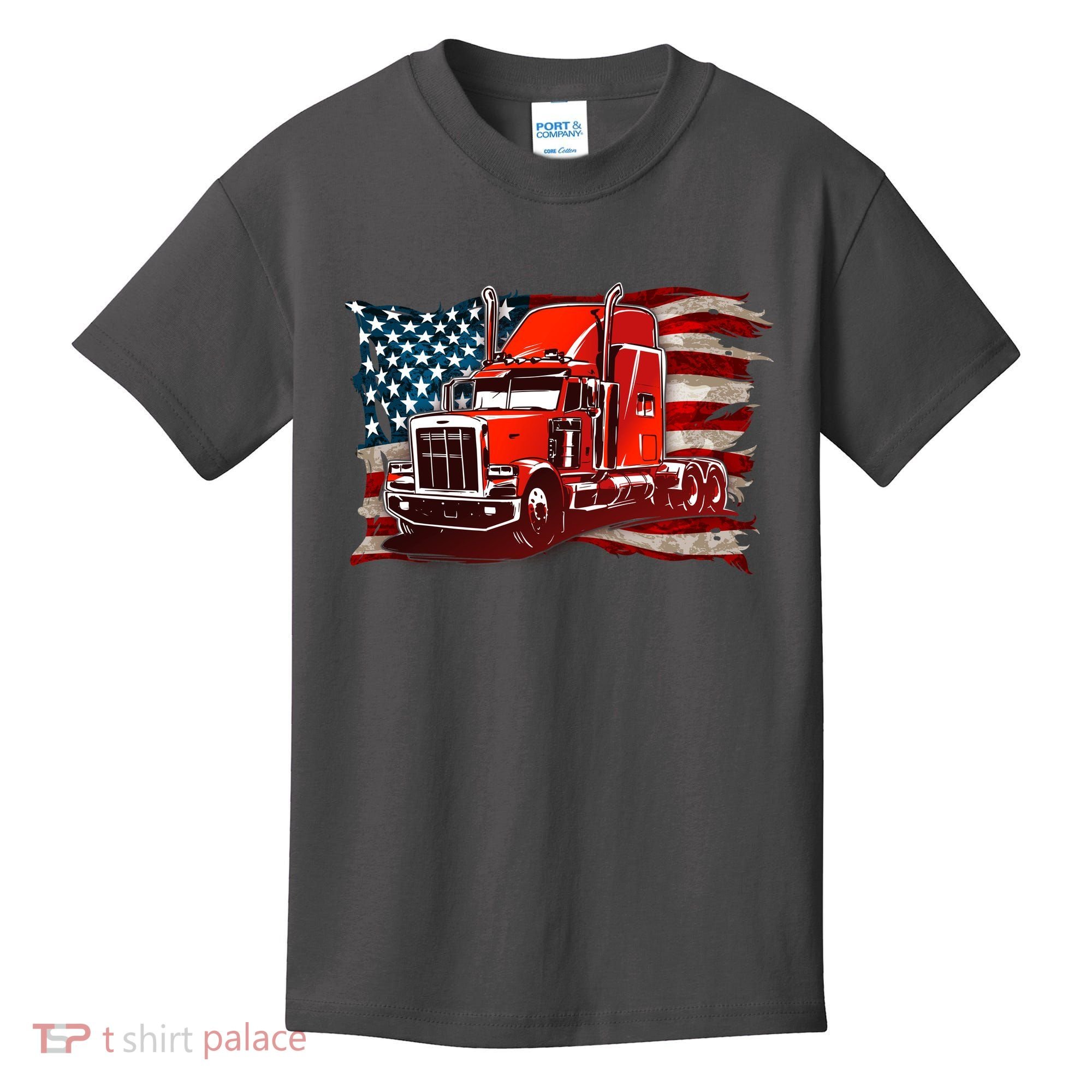 Cool Trucker Semi Truck Torn Distressed American Flag Kids T-Shirt