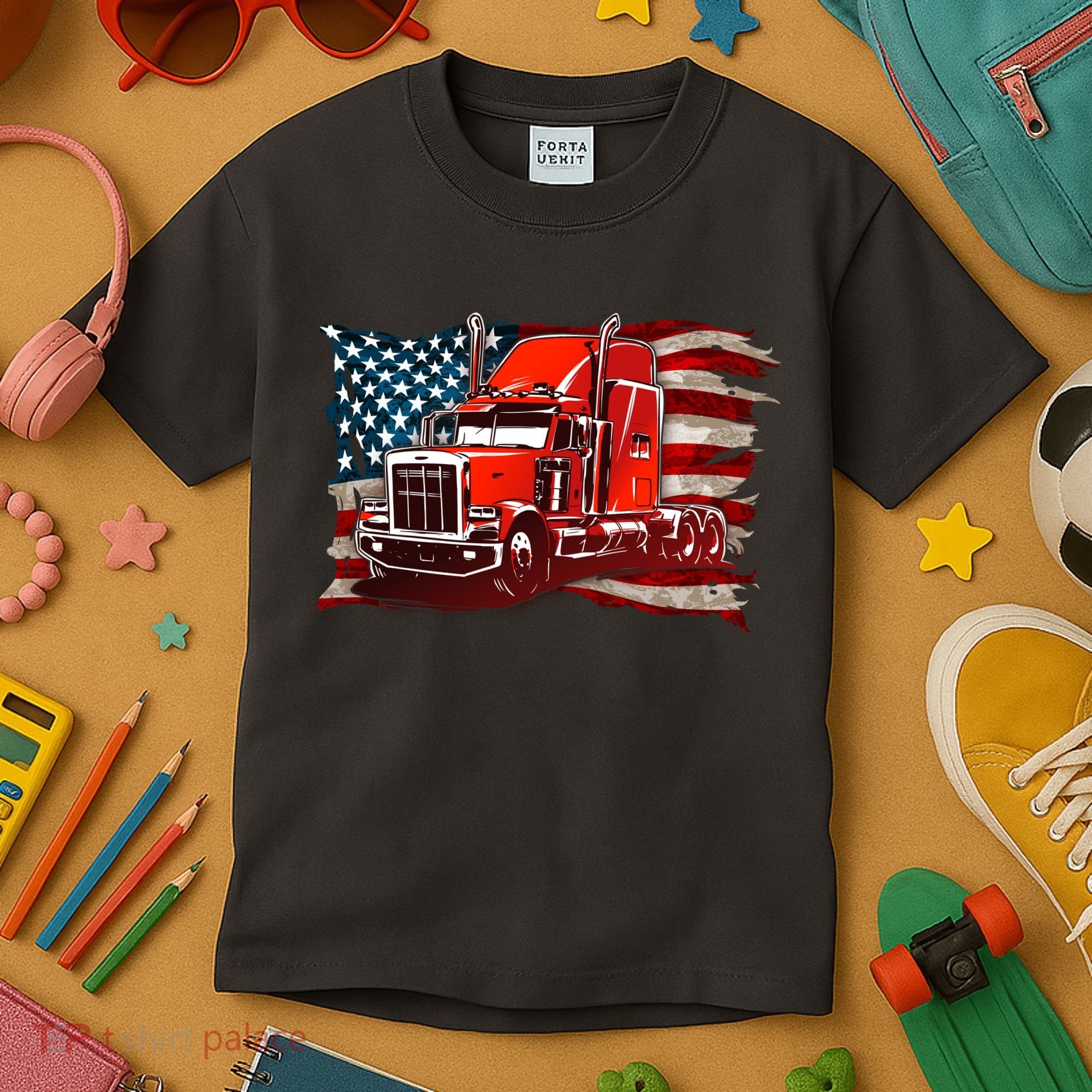 Cool Trucker Semi Truck Torn Distressed American Flag Kids T-Shirt