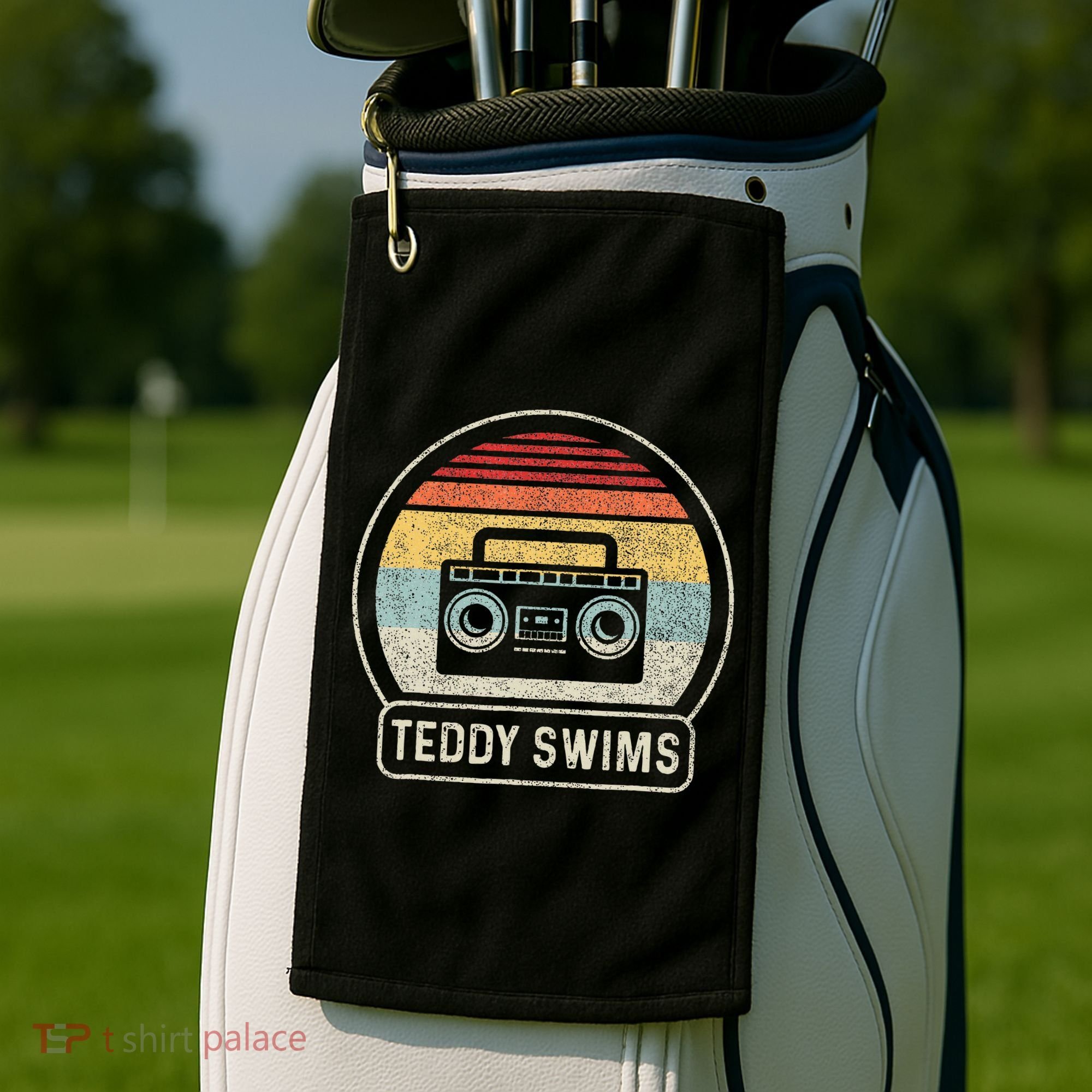 Cassette Tape T.E.D.D.Y Swims 90s Music Retro Sunset Golf Towel