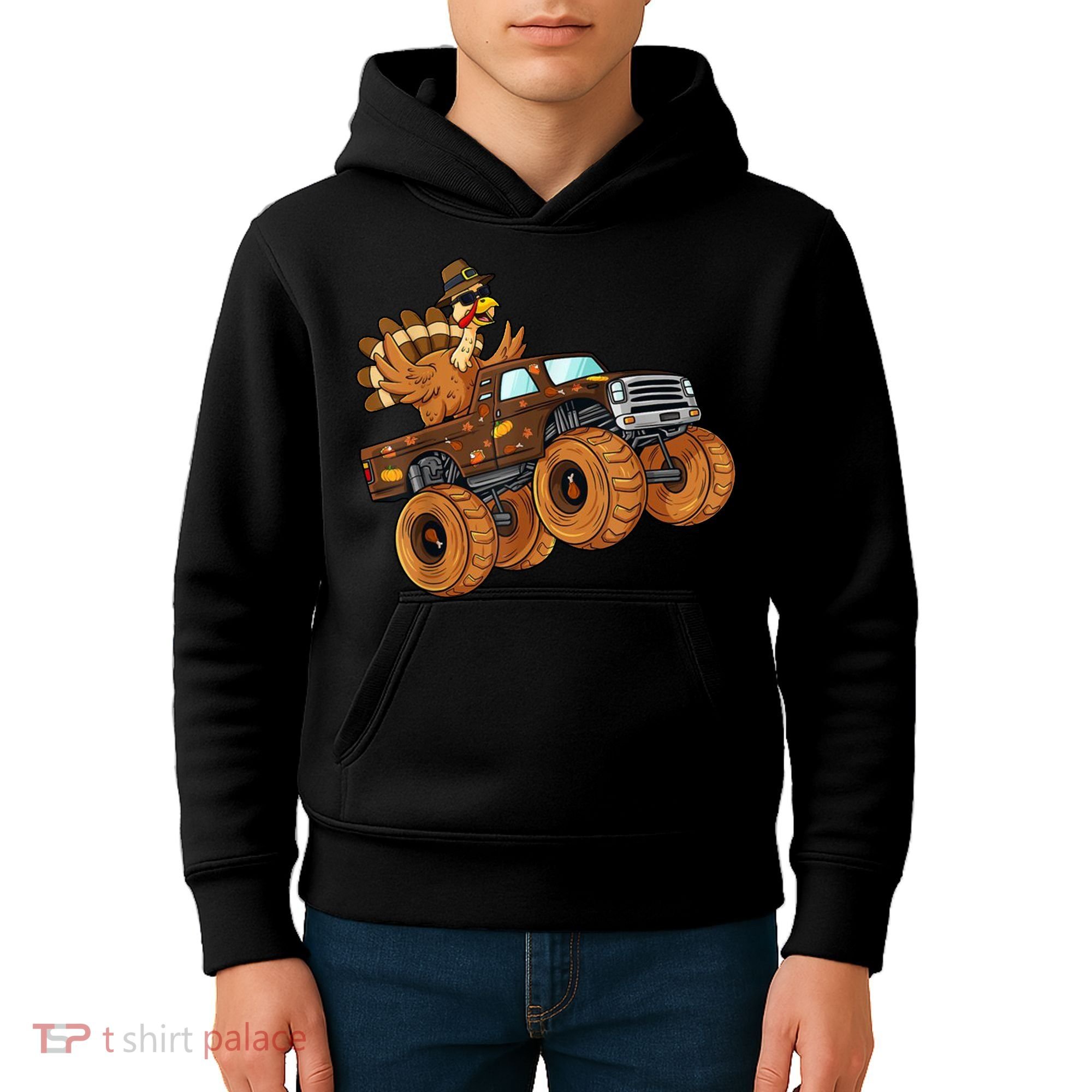 Cute Turkey Thanksgiving Monster Truck Kids Hoodie