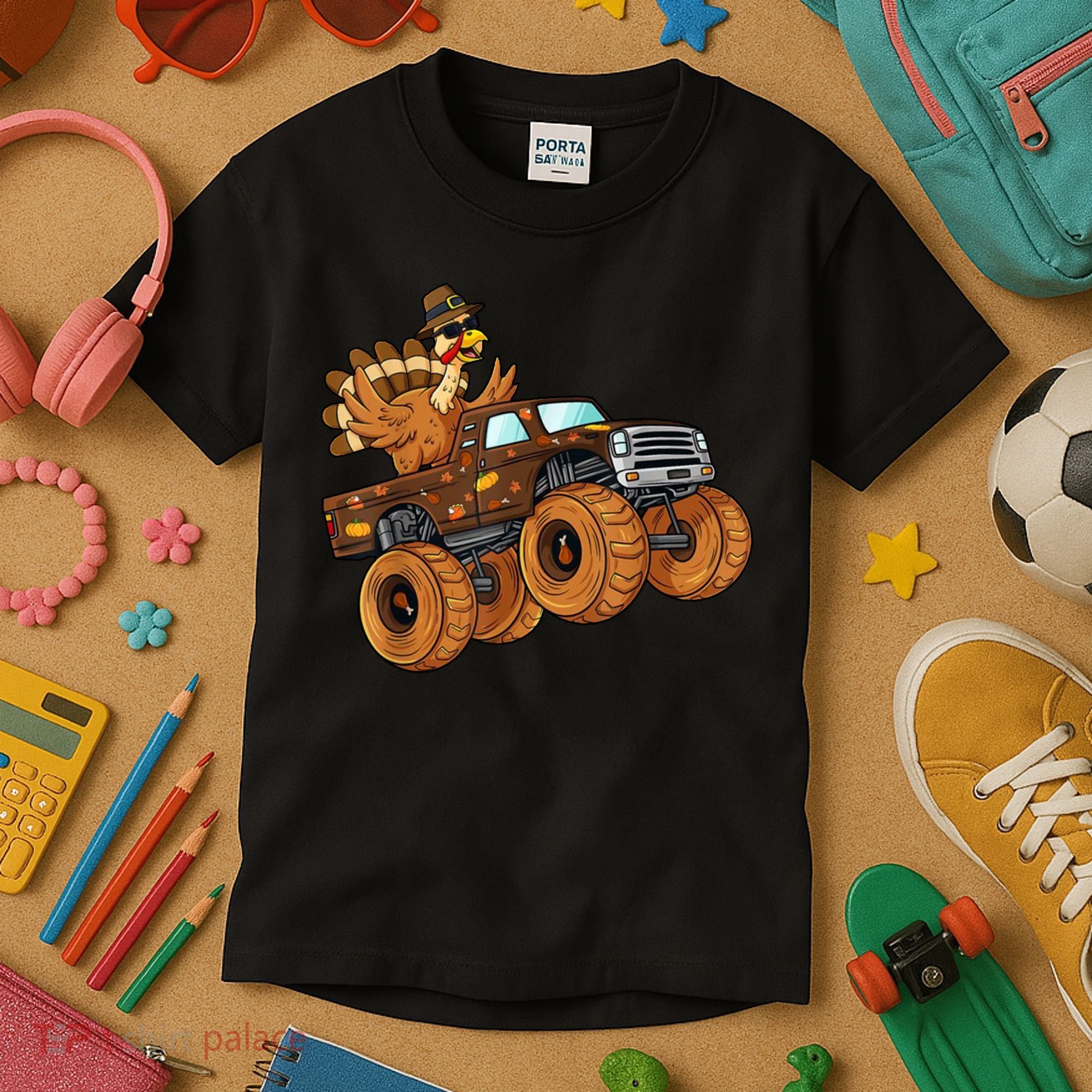 Cute Turkey Thanksgiving Monster Truck Kids T-Shirt