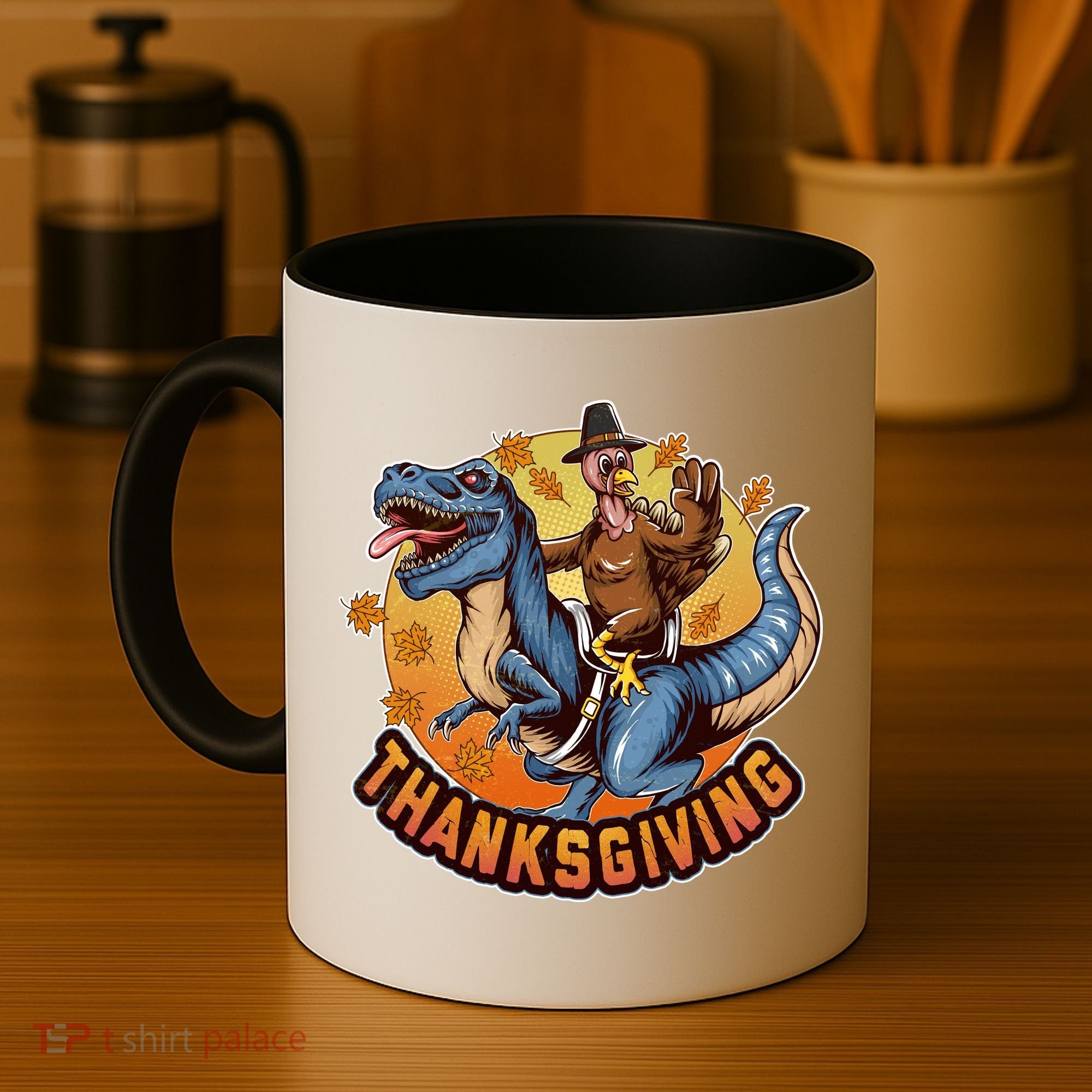 Cool Thanksgiving Turkey Riding TRex Dinosaur Coffee Mug
