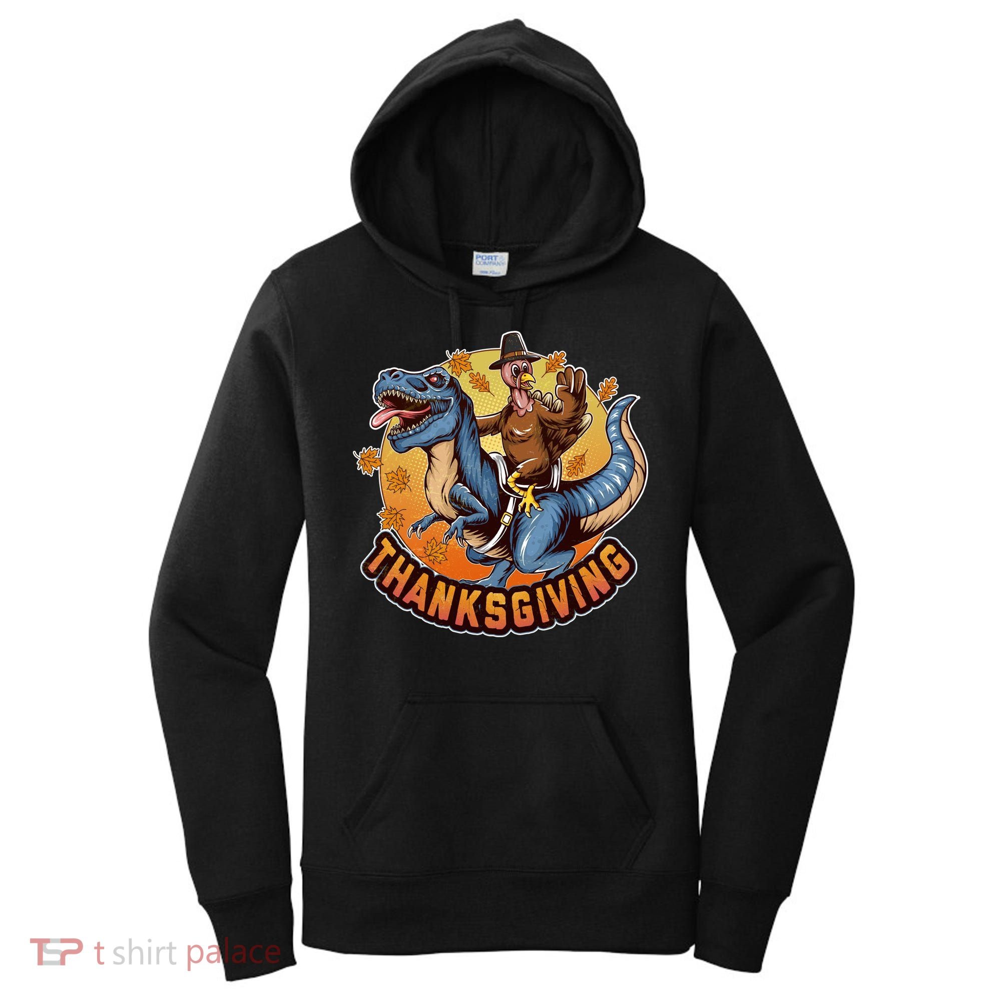 Cool Thanksgiving Turkey Riding TRex Dinosaur Women's Hoodie