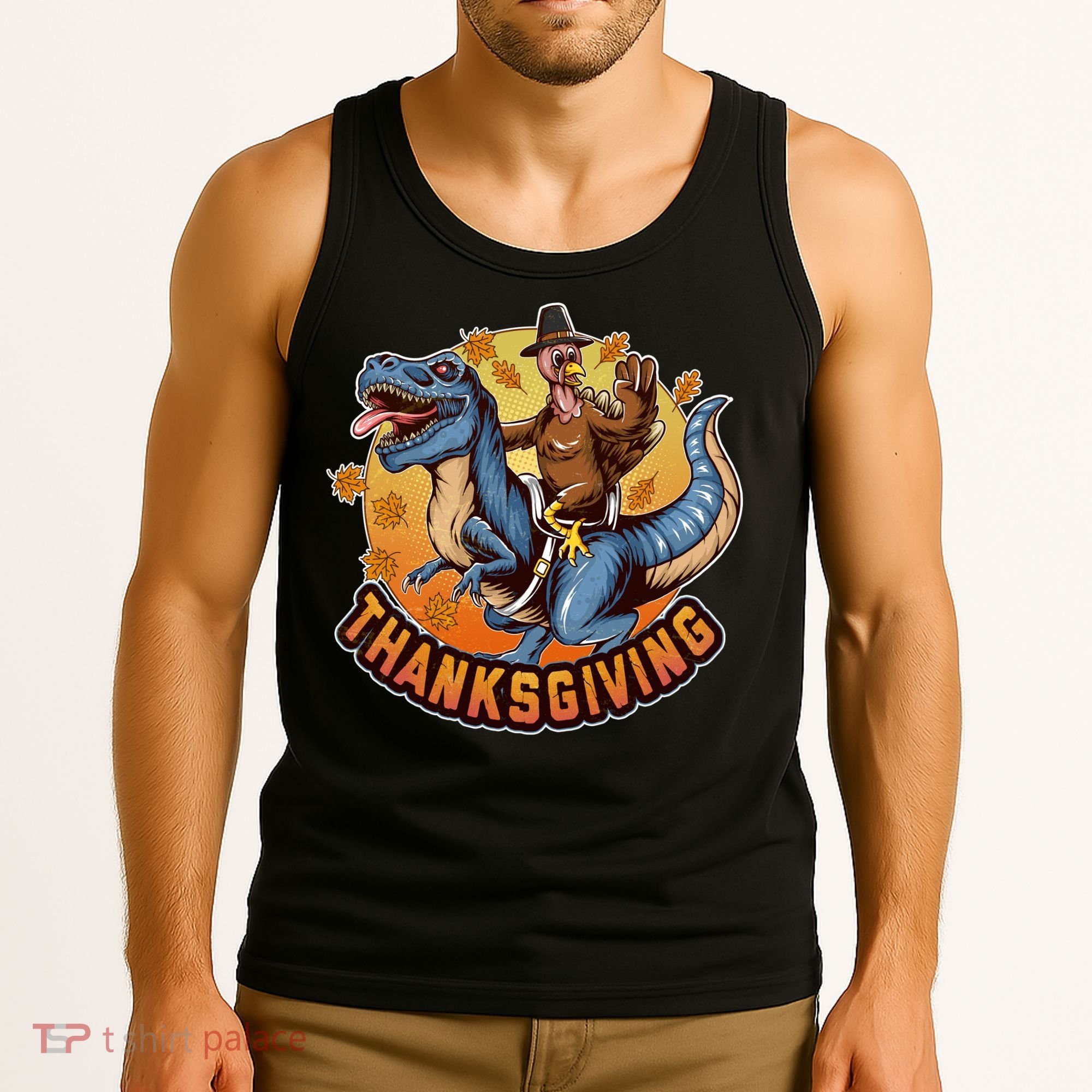 Cool Thanksgiving Turkey Riding TRex Dinosaur Tank Top