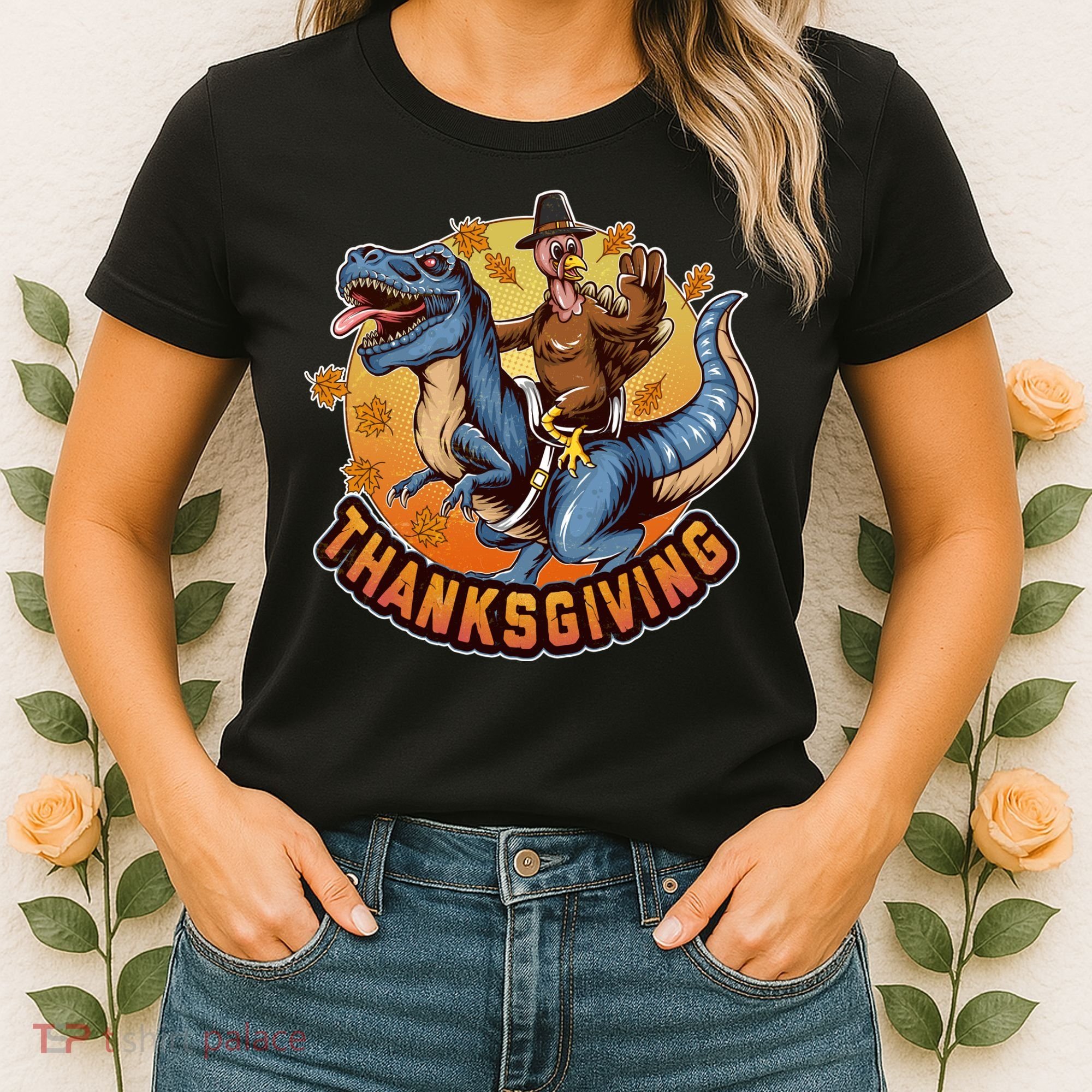Cool Thanksgiving Turkey Riding TRex Dinosaur Women's T-Shirt
