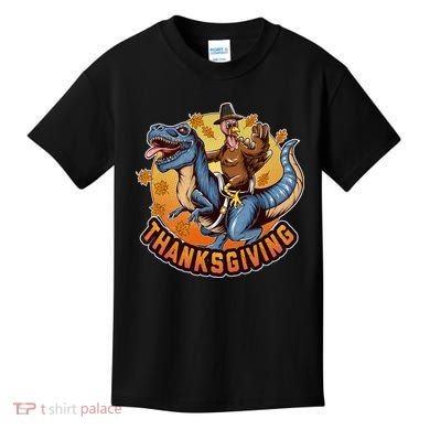 Cool Thanksgiving Turkey Riding TRex Dinosaur Kids T-Shirt