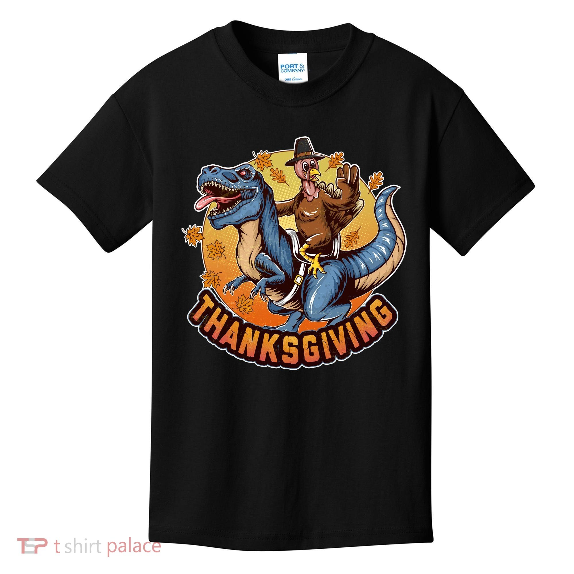 Cool Thanksgiving Turkey Riding TRex Dinosaur Kids T-Shirt