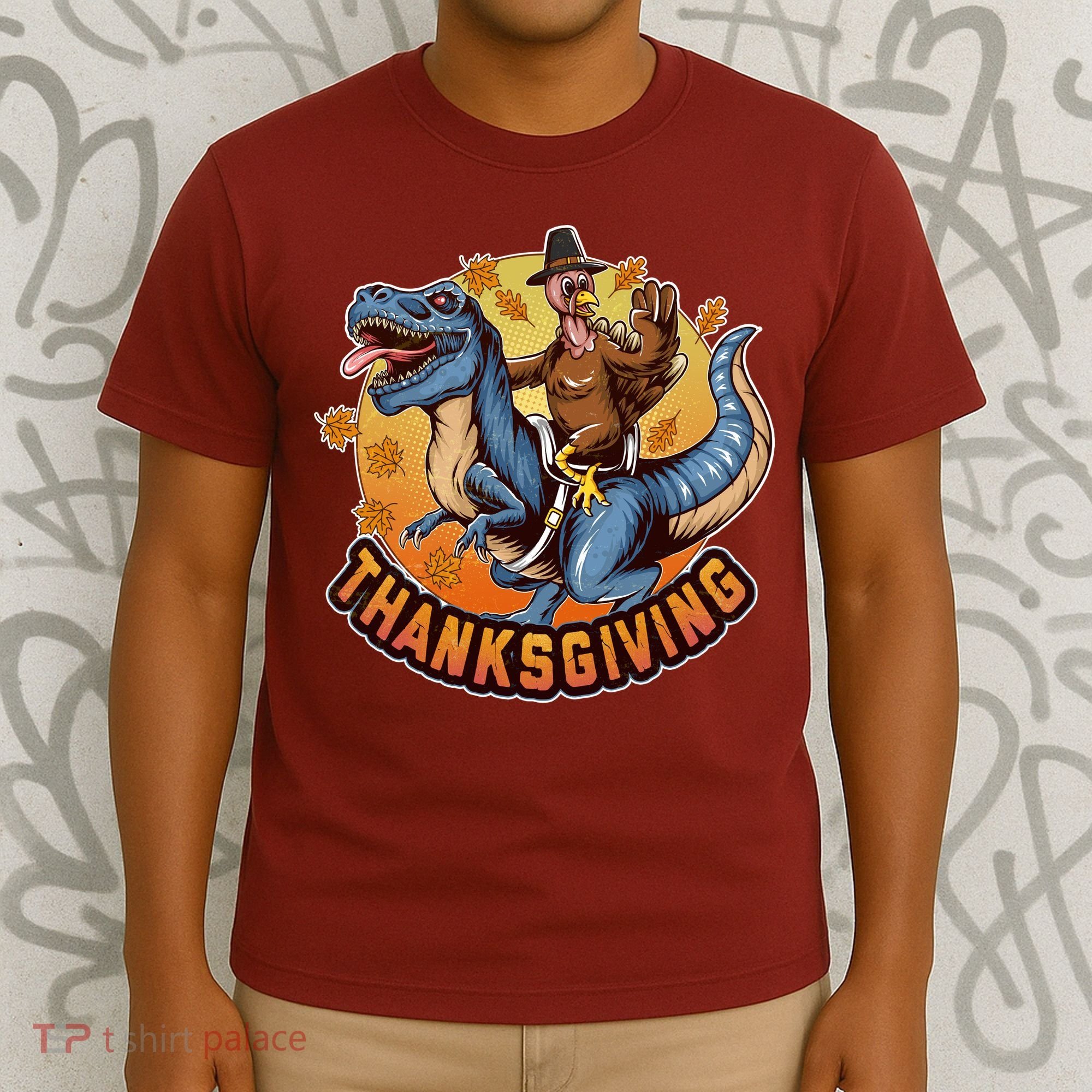 Cool Thanksgiving Turkey Riding TRex Dinosaur T-Shirt