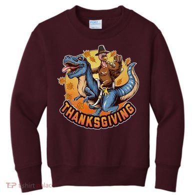 Cool Thanksgiving Turkey Riding TRex Dinosaur Kids Sweatshirt