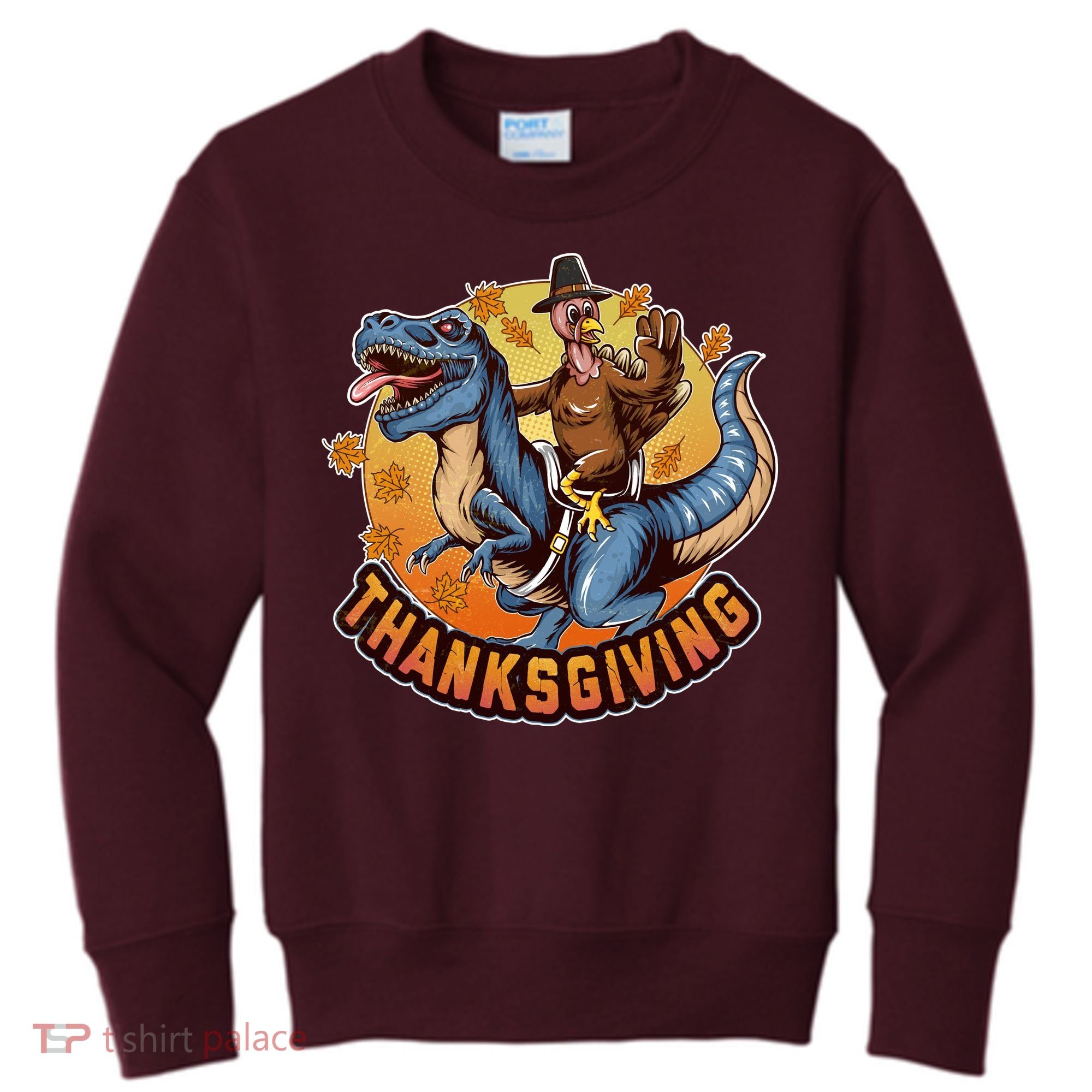 Cool Thanksgiving Turkey Riding TRex Dinosaur Kids Sweatshirt