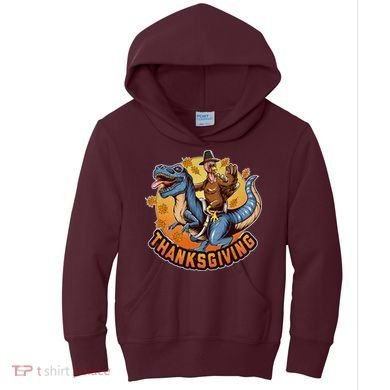 Cool Thanksgiving Turkey Riding TRex Dinosaur Kids Hoodie