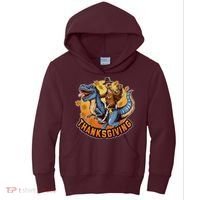 Cool Thanksgiving Turkey Riding TRex Dinosaur Kids Hoodie thumb 0