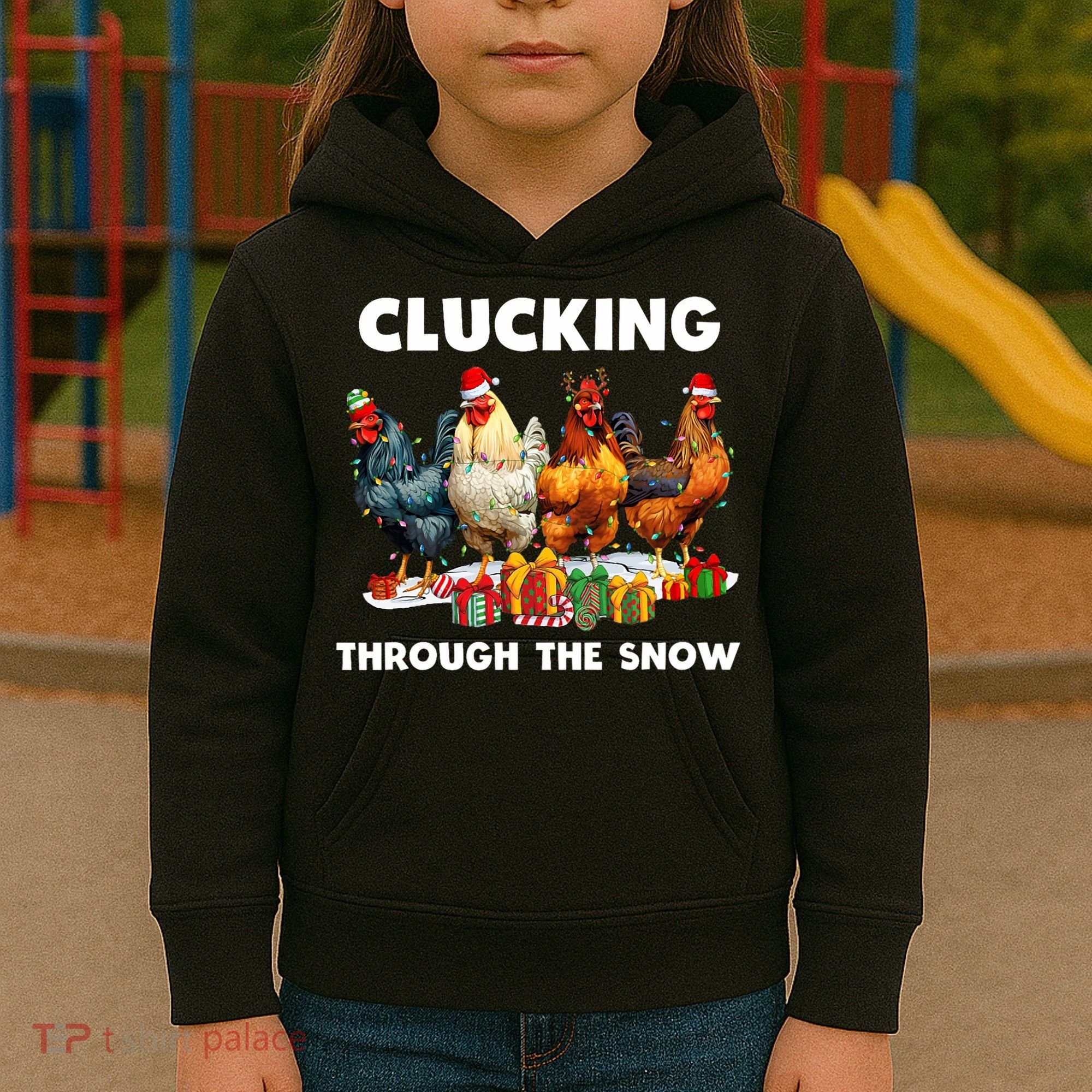Clucking Through The Snow Funny Chicken Merry Christmas Kids Hoodie