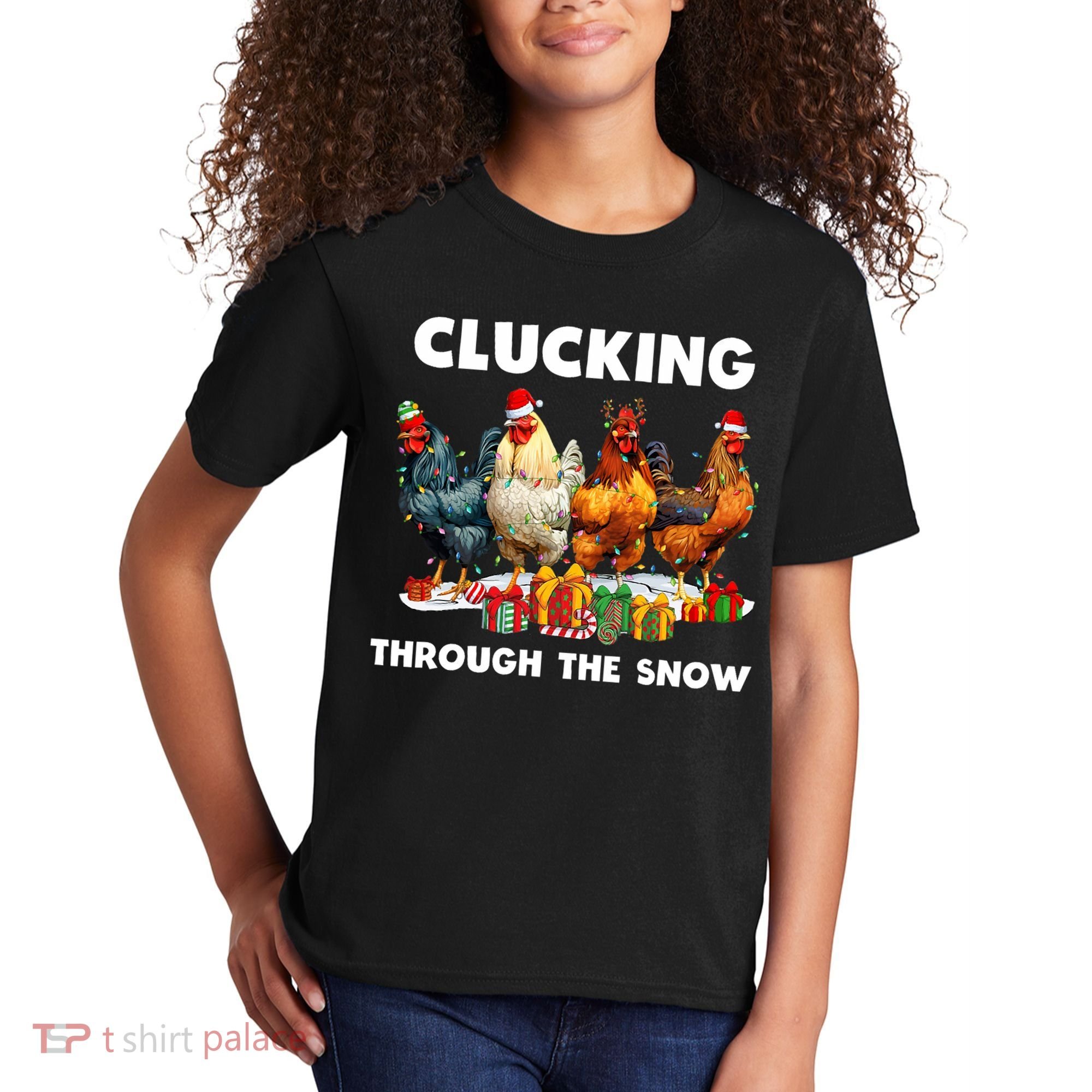 Clucking Through The Snow Funny Chicken Merry Christmas Kids T-Shirt