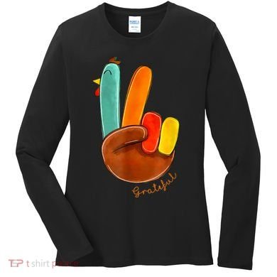 Cute Thanksgiving Turkey Peace Sign Grateful Women's Long Sleeve Shirt
