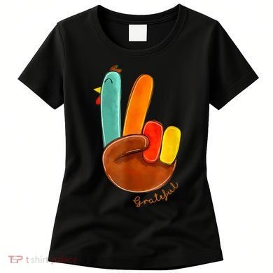 Cute Thanksgiving Turkey Peace Sign Grateful Women's T-Shirt
