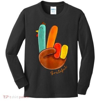 Cute Thanksgiving Turkey Peace Sign Grateful Kids Long Sleeve Shirt