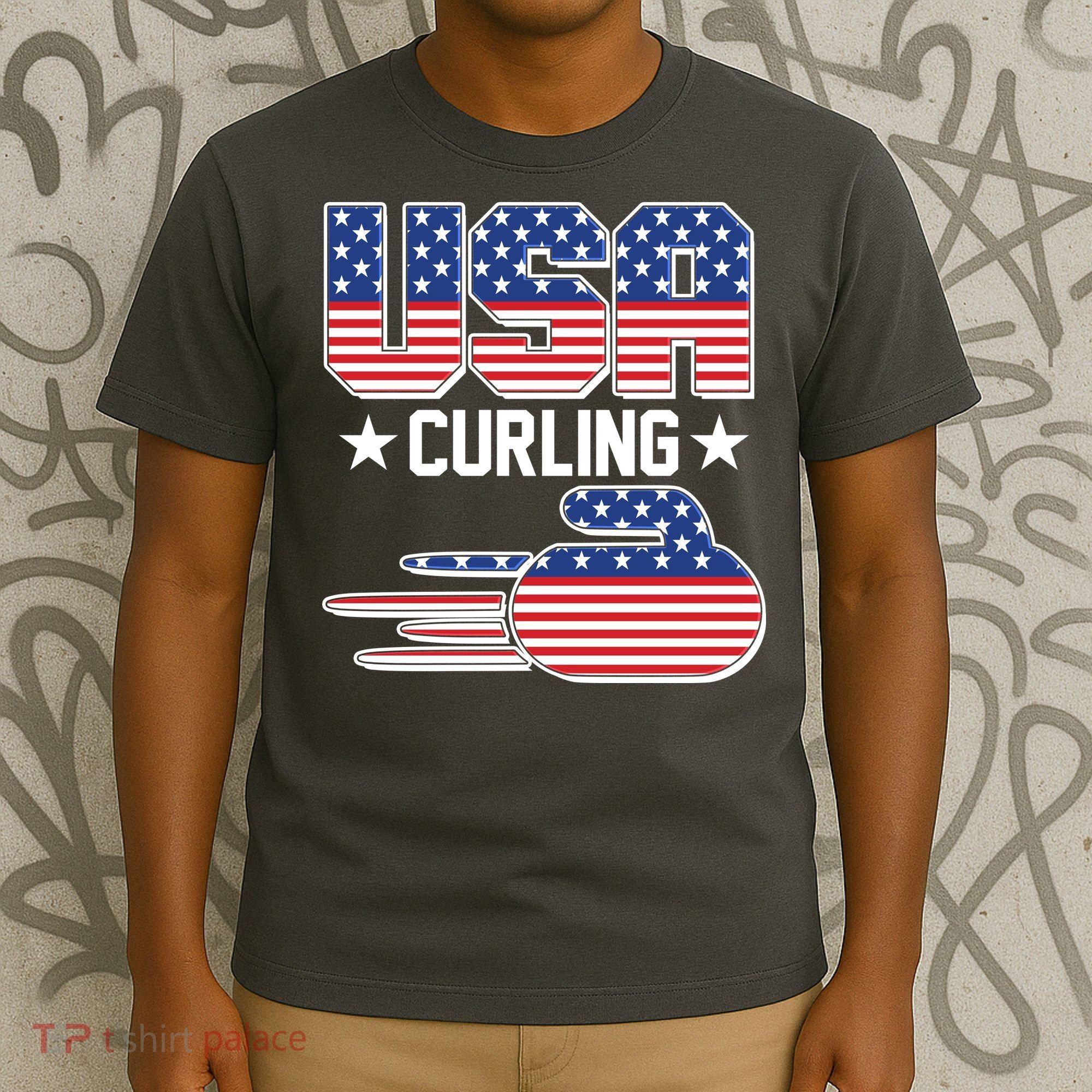 Cool Team USA Curling Flag Logo Sports Fan T-Shirt