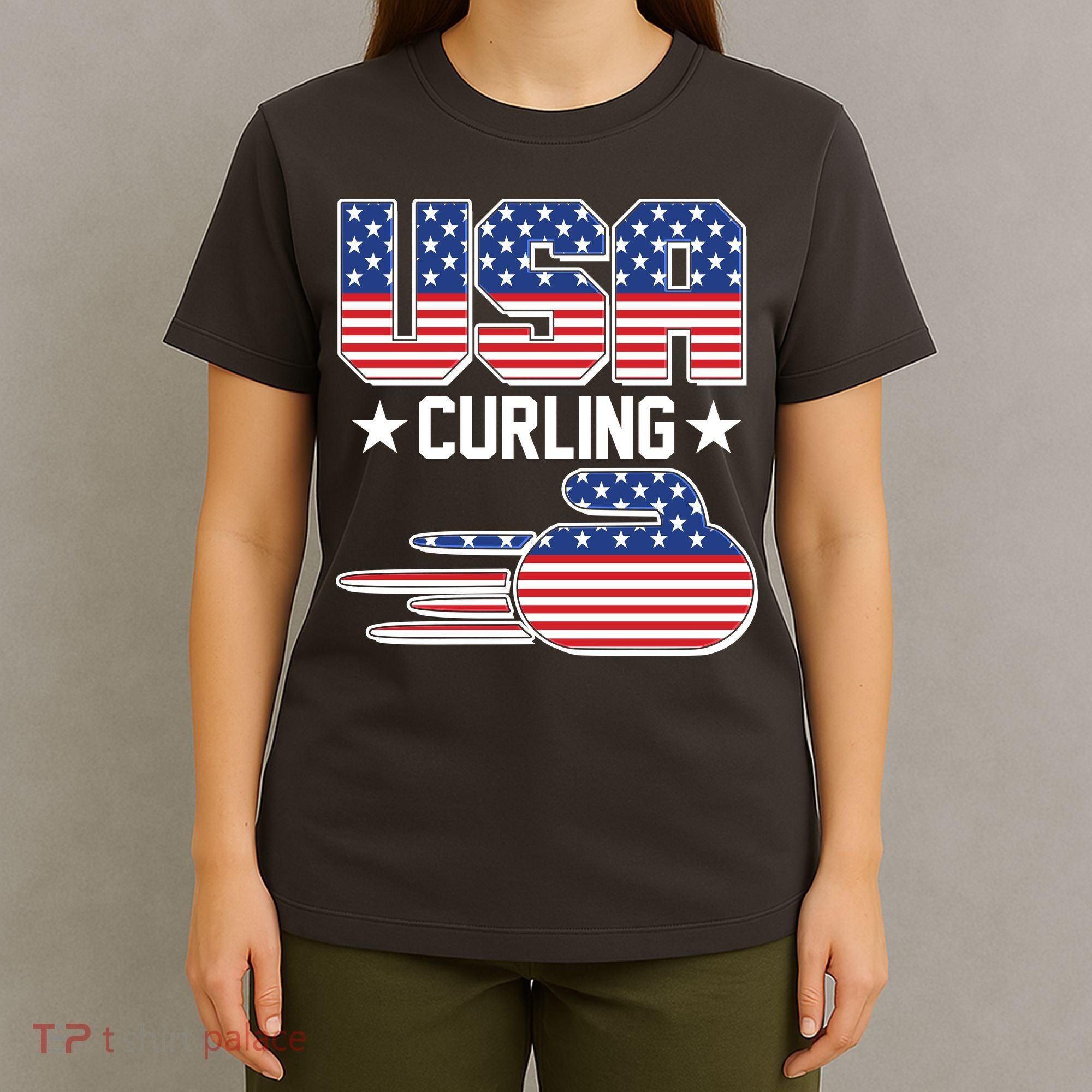 Cool Team USA Curling Flag Logo Sports Fan T-Shirt
