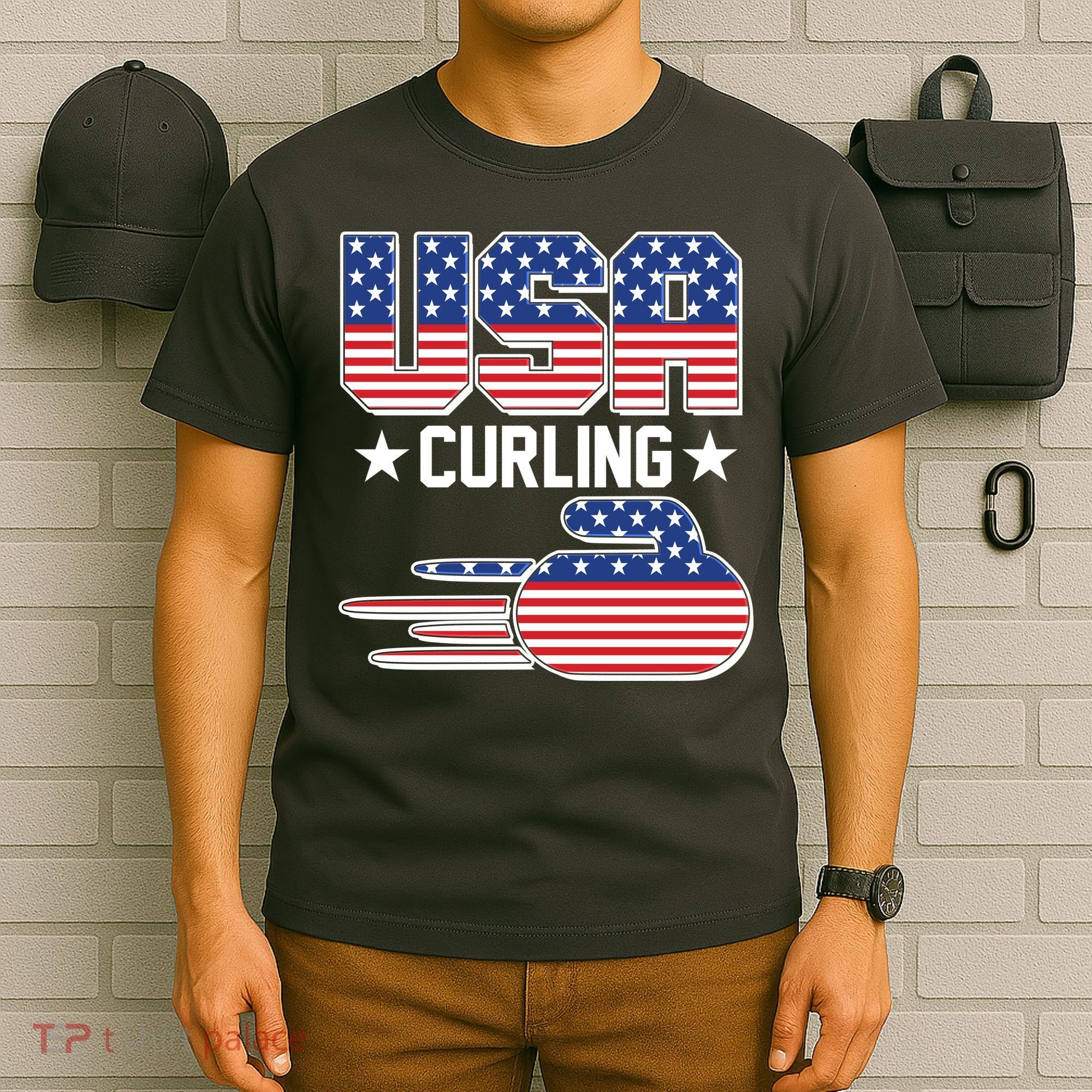 Cool Team USA Curling Flag Logo Sports Fan T-Shirt