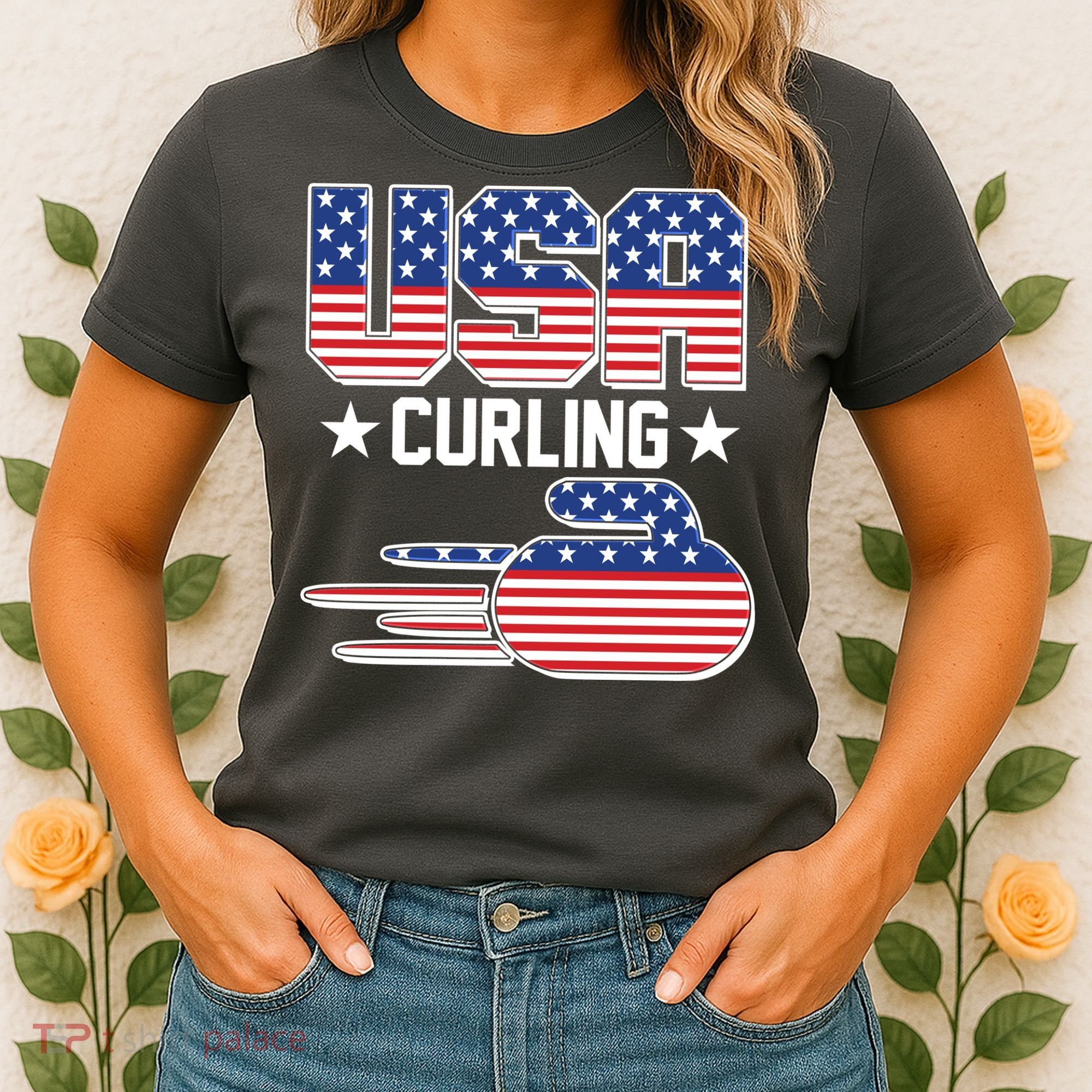 Cool Team USA Curling Flag Logo Sports Fan Women's T-Shirt