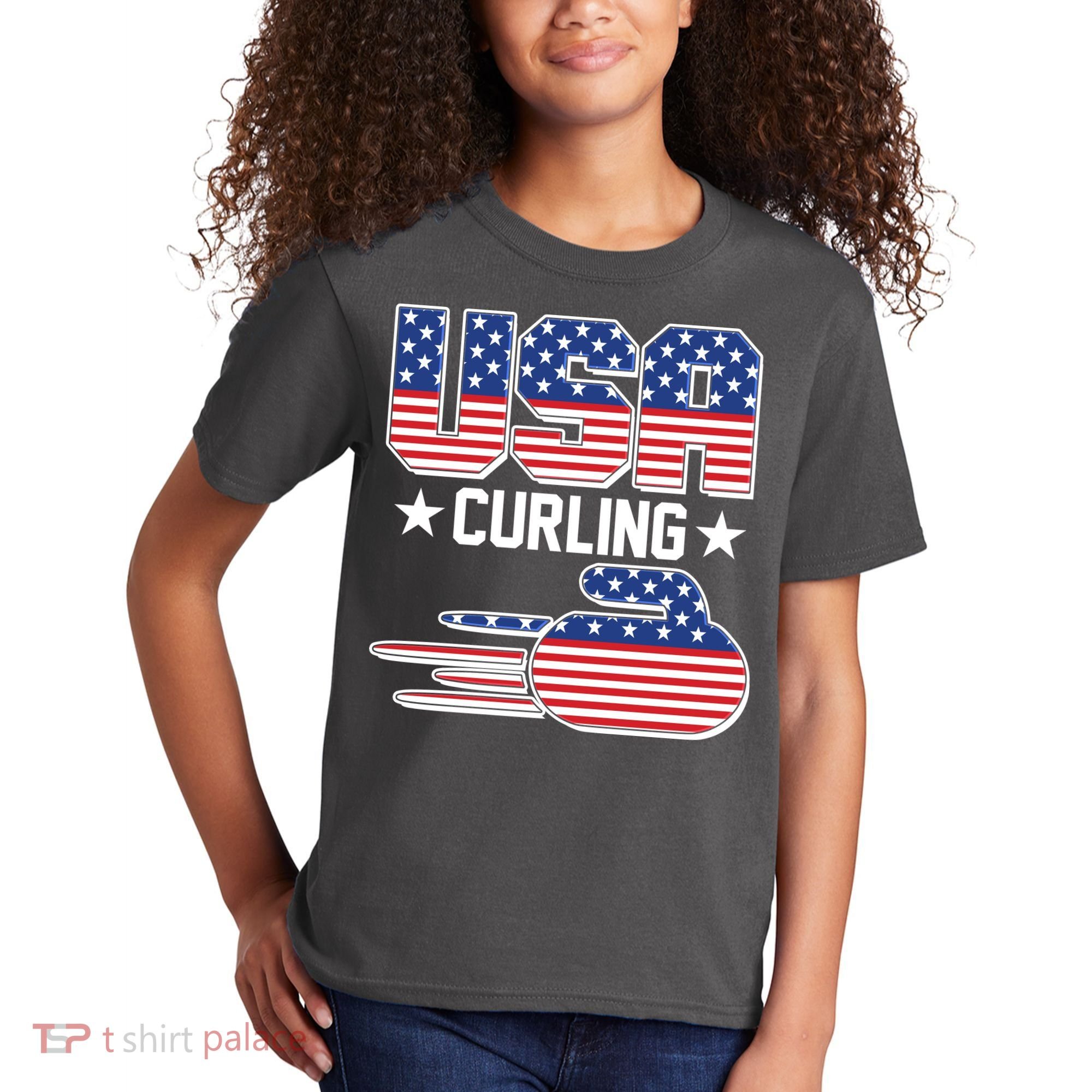 Cool Team USA Curling Flag Logo Sports Fan Kids T-Shirt