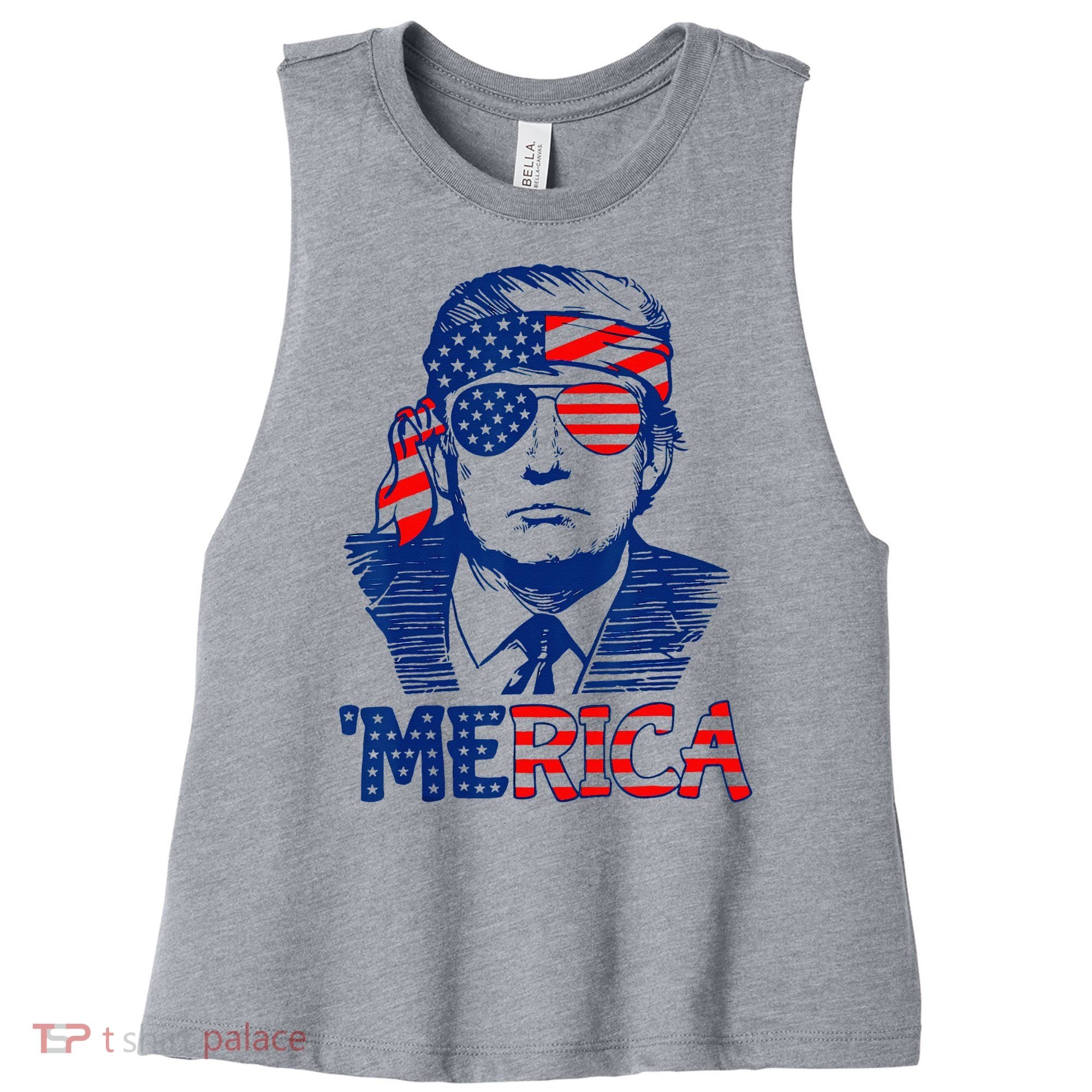 Cool Trump US American Flag Happy 4th Of July Funny Merica  Women's Racerback Cropped Tank