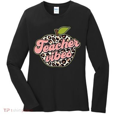 Cute Teacher Vibes Leopard Print Apple Women's Long Sleeve Shirt
