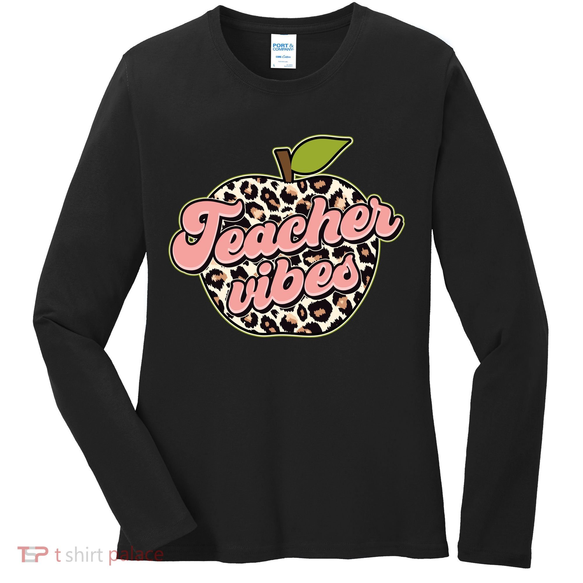 Cute Teacher Vibes Leopard Print Apple Women's Long Sleeve Shirt