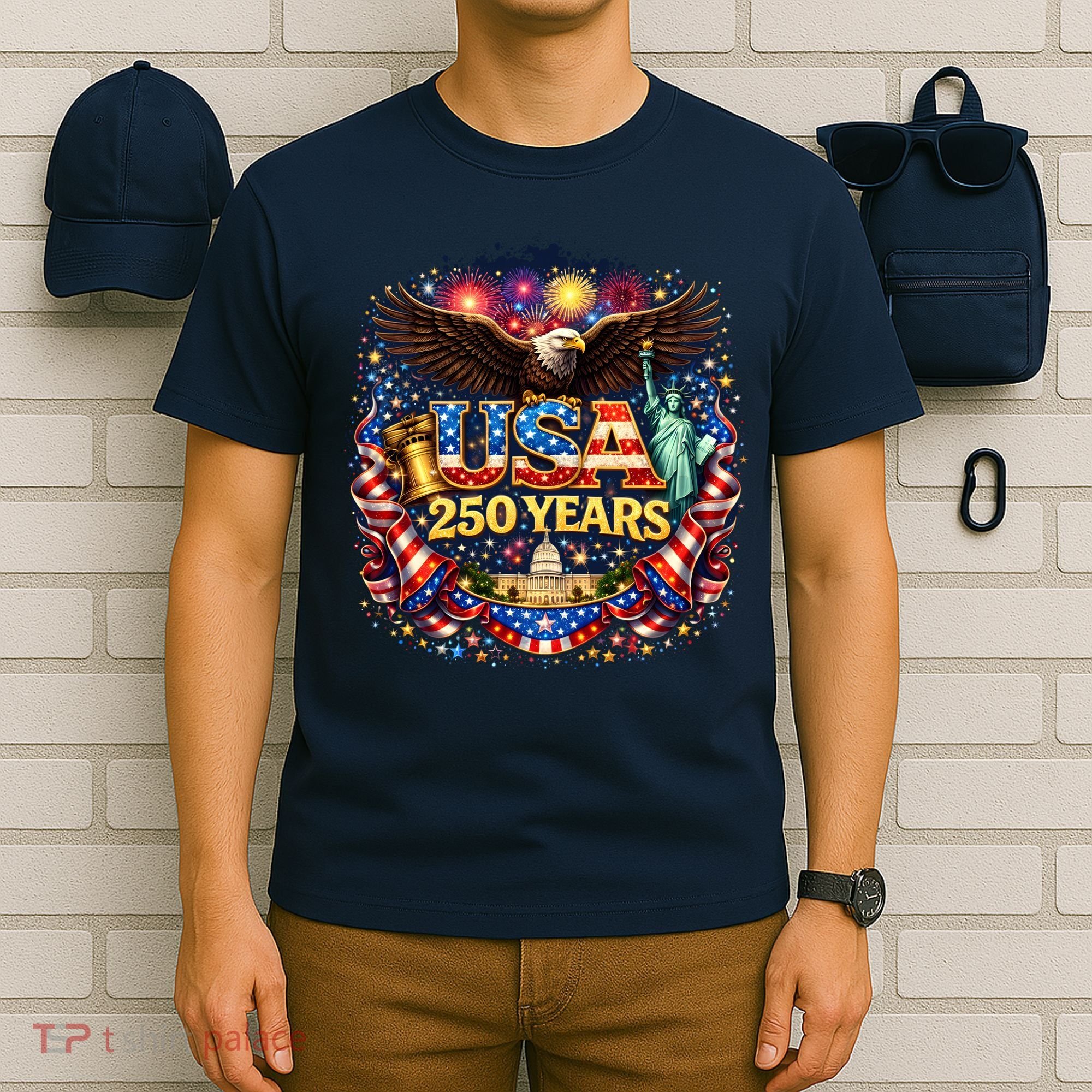 Celebrate USA 250 Years White House Eagle Fireworks T-Shirt