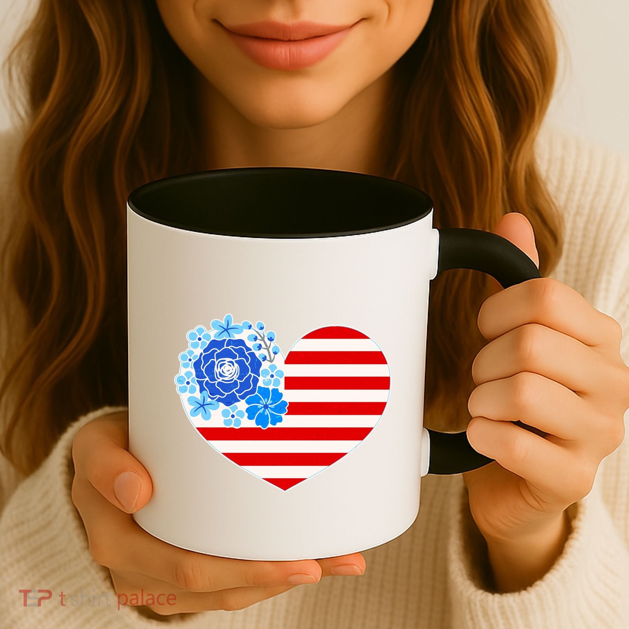 Cute USA American Flag Flower Heart Coffee Mug