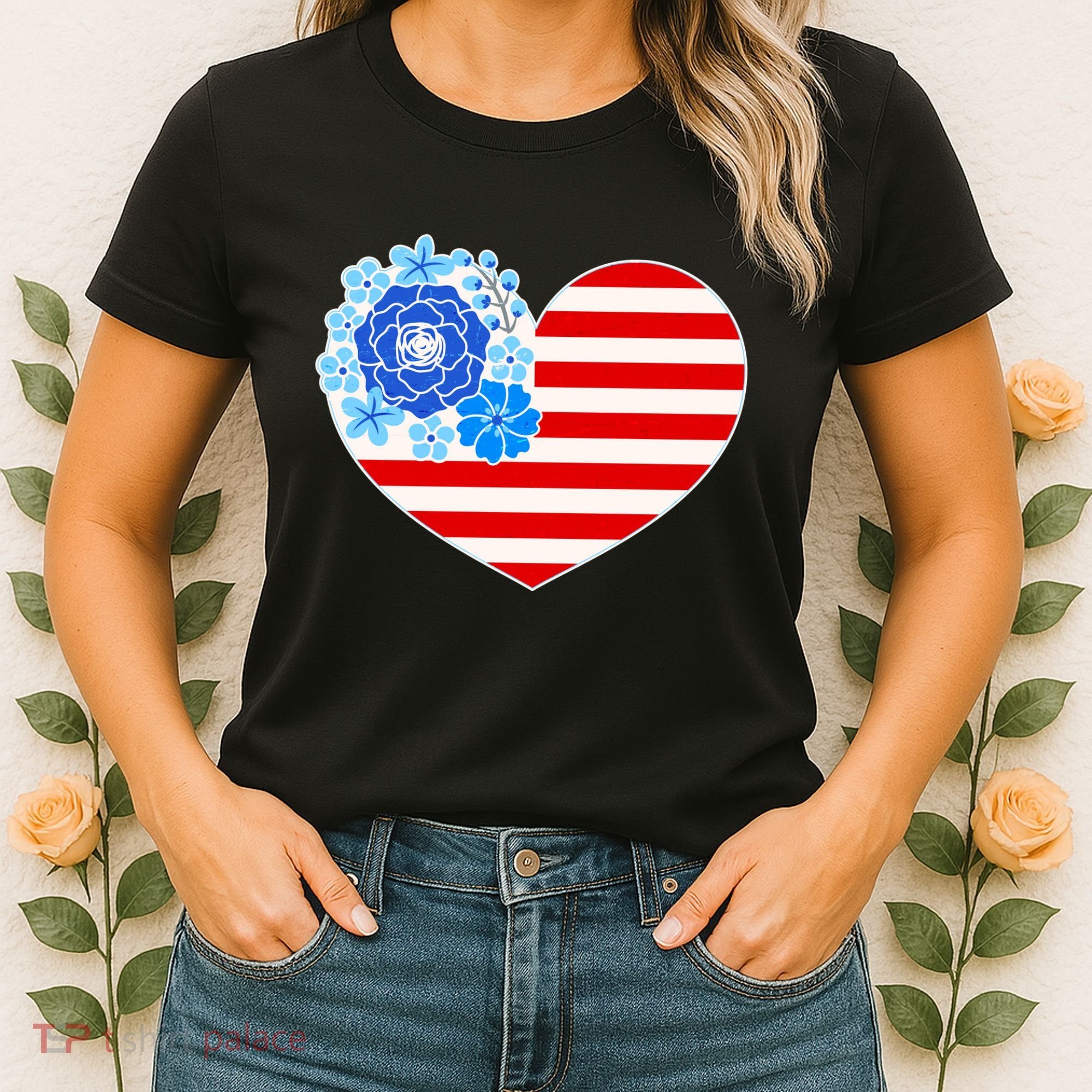 Cute USA American Flag Flower Heart Women's T-Shirt