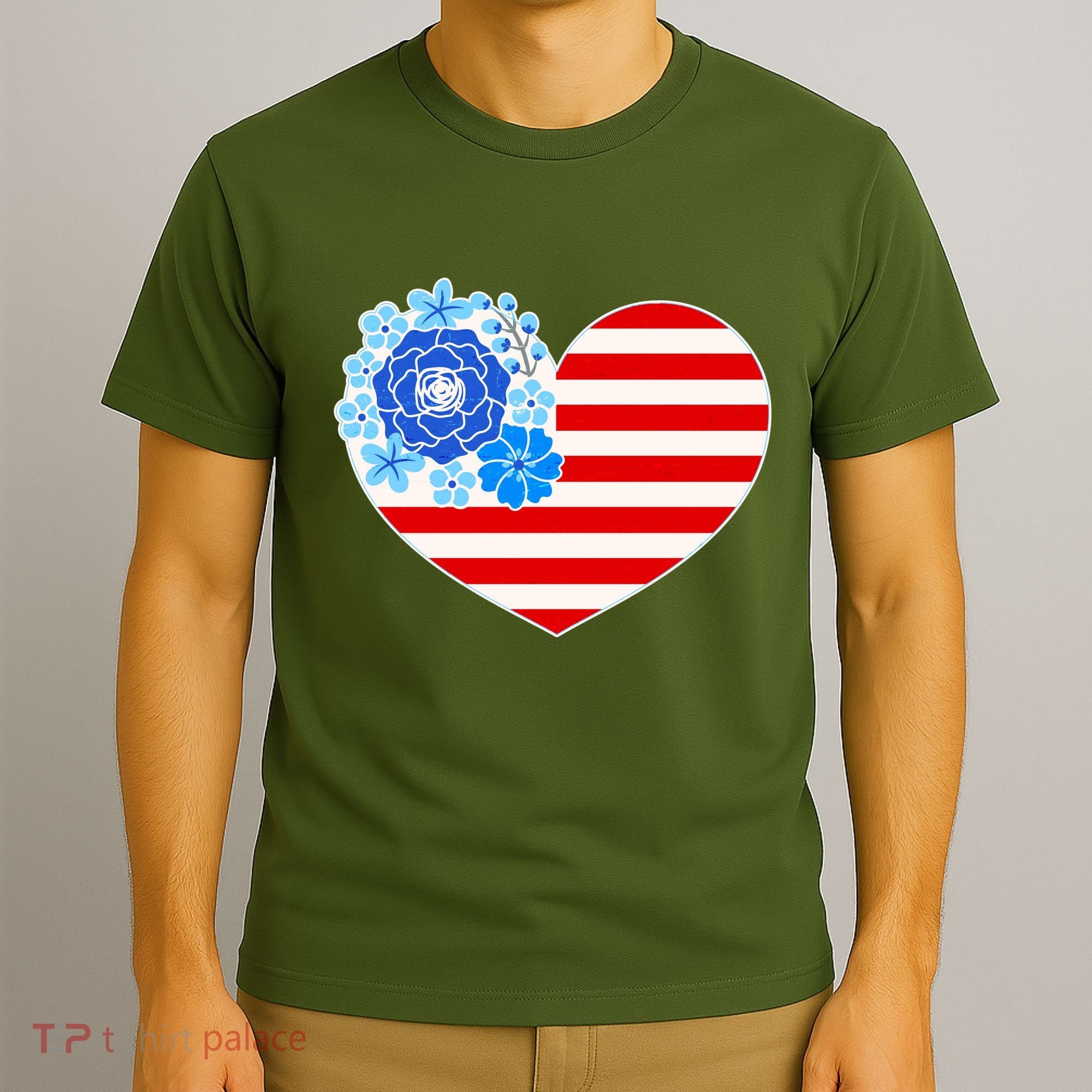 Cute USA American Flag Flower Heart T-Shirt