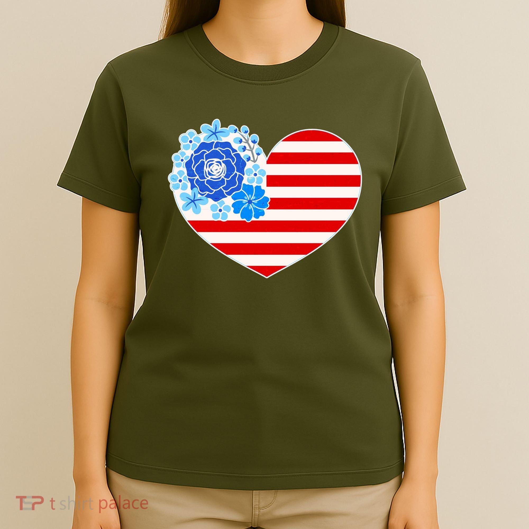 Cute USA American Flag Flower Heart T-Shirt