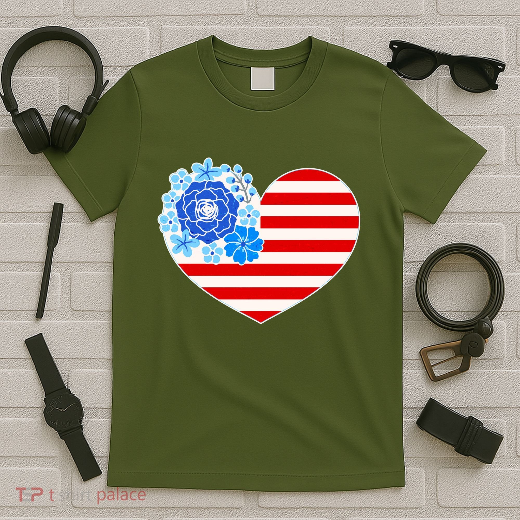 Cute USA American Flag Flower Heart T-Shirt