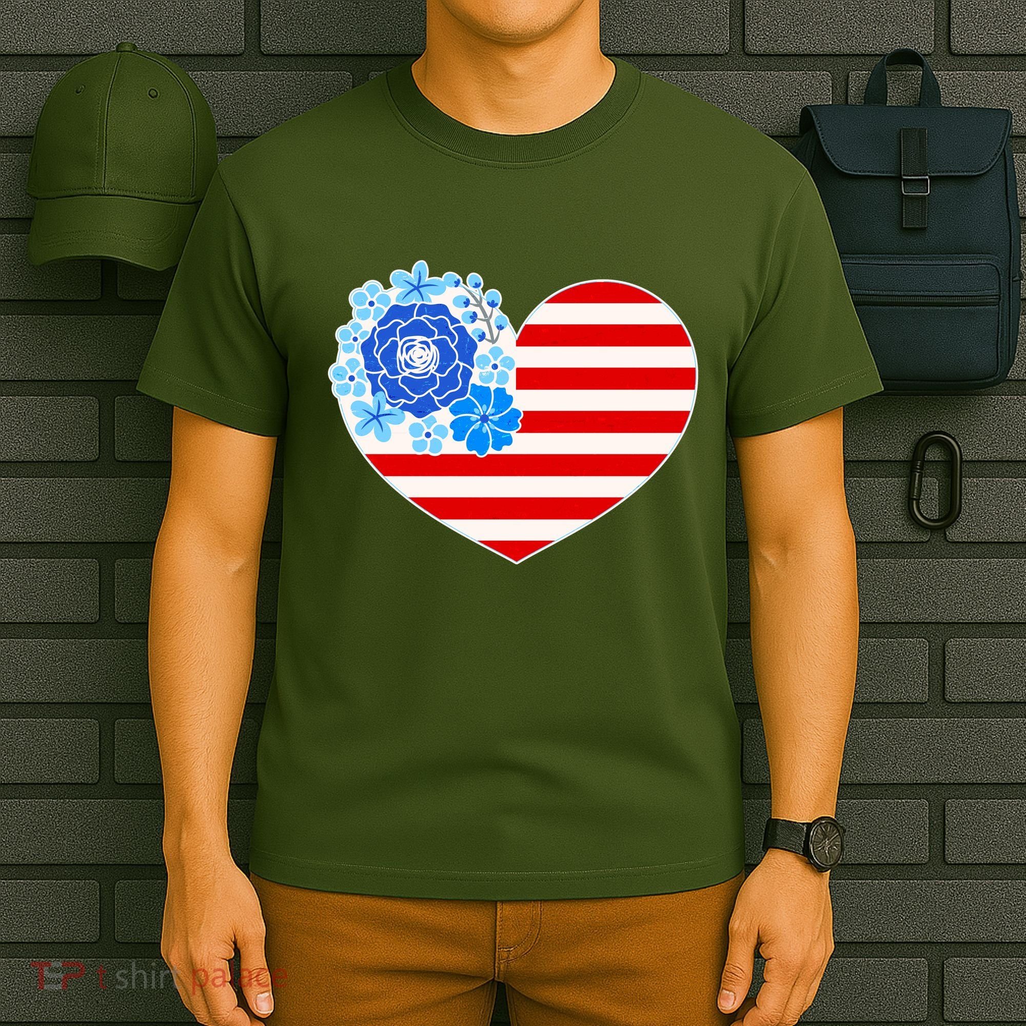 Cute USA American Flag Flower Heart T-Shirt