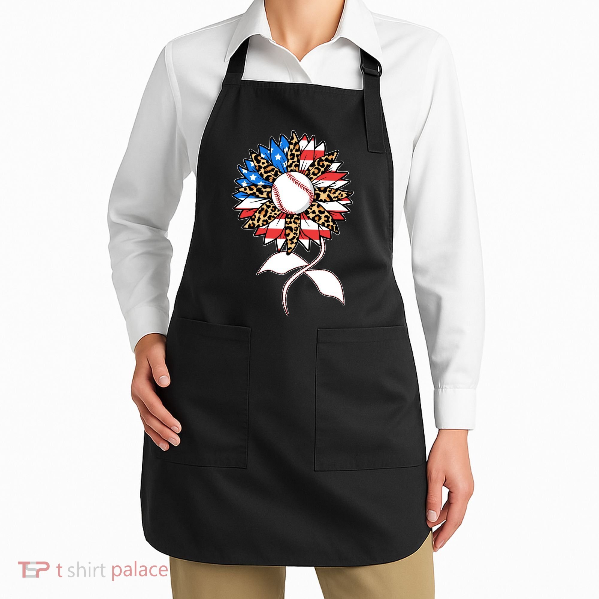 Cute USA American Flag Baseball Sunflower Apron
