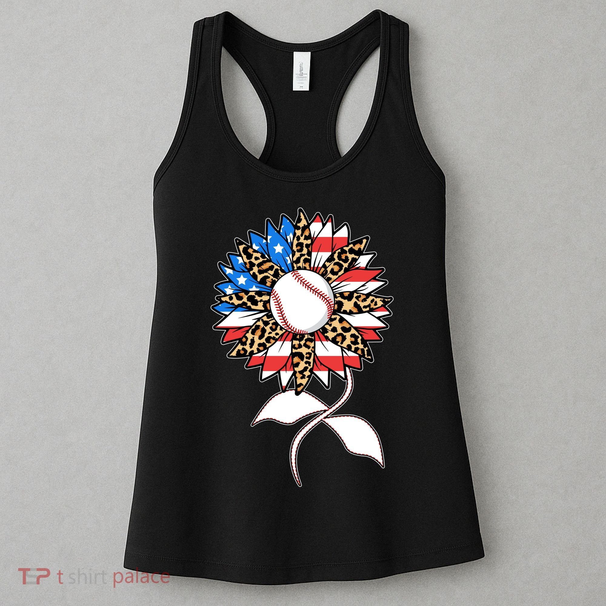 Cute USA American Flag Baseball Sunflower Women's Tank Top