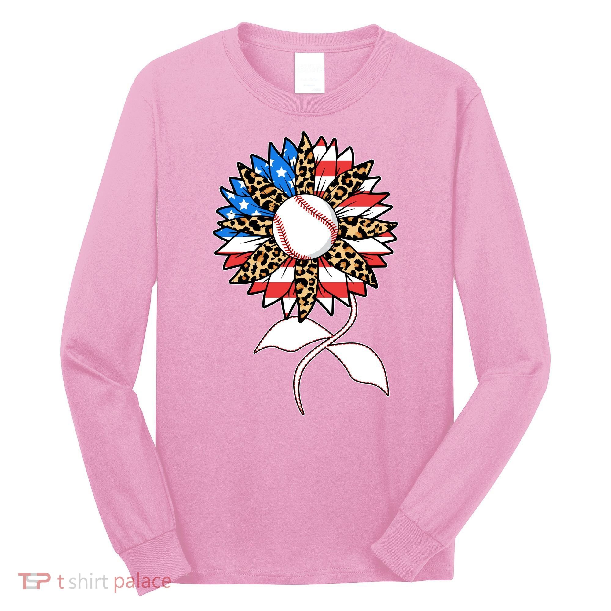 Cute USA American Flag Baseball Sunflower Long Sleeve Shirt