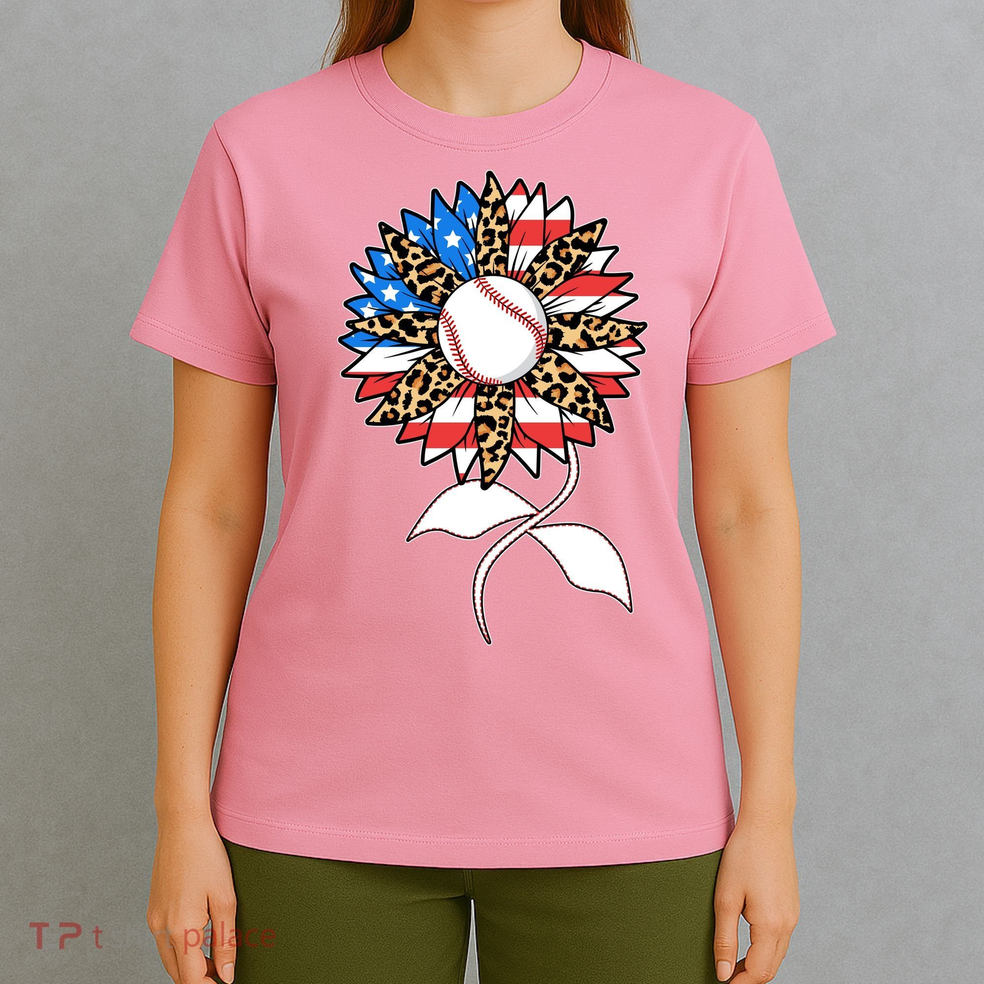 Cute USA American Flag Baseball Sunflower T-Shirt