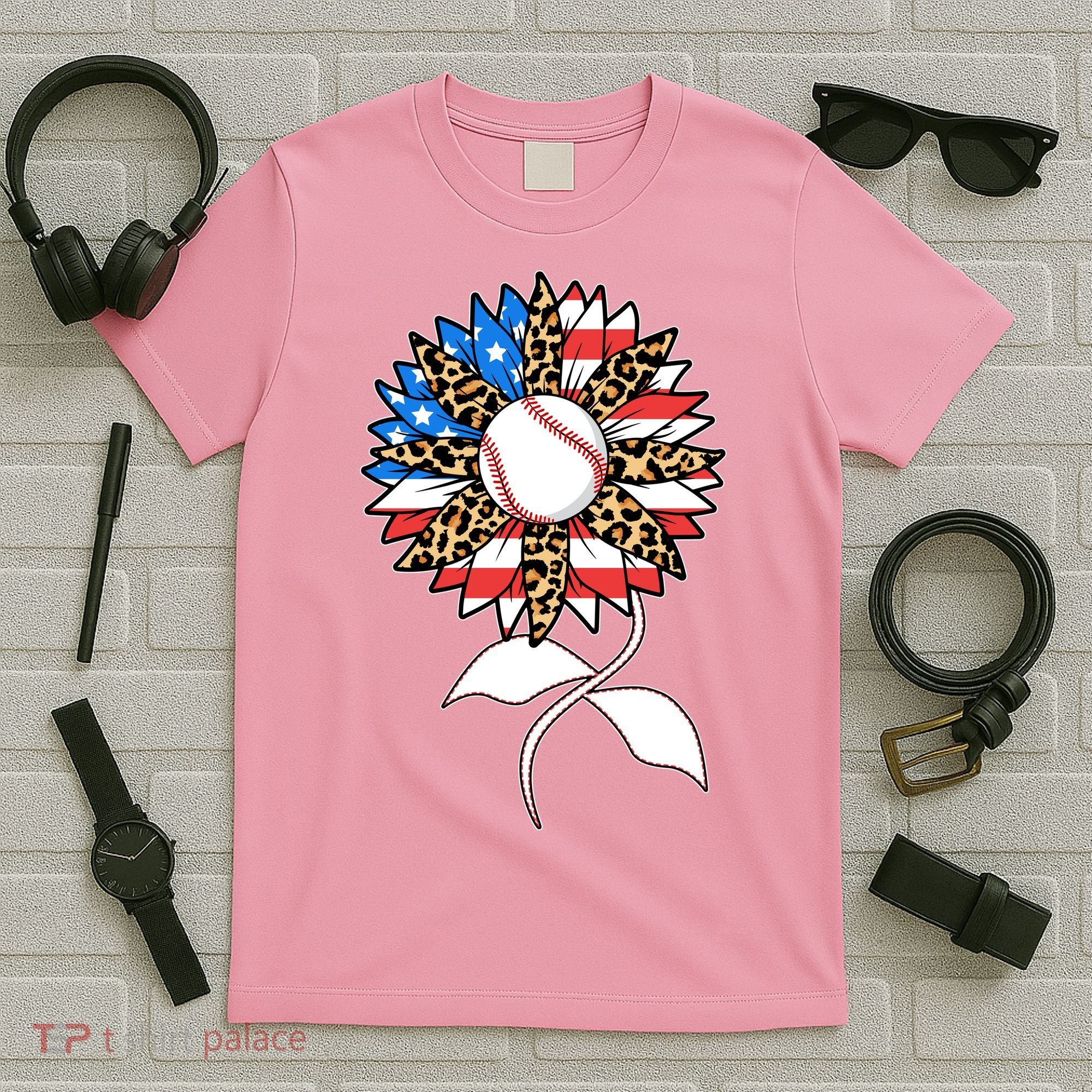 Cute USA American Flag Baseball Sunflower T-Shirt