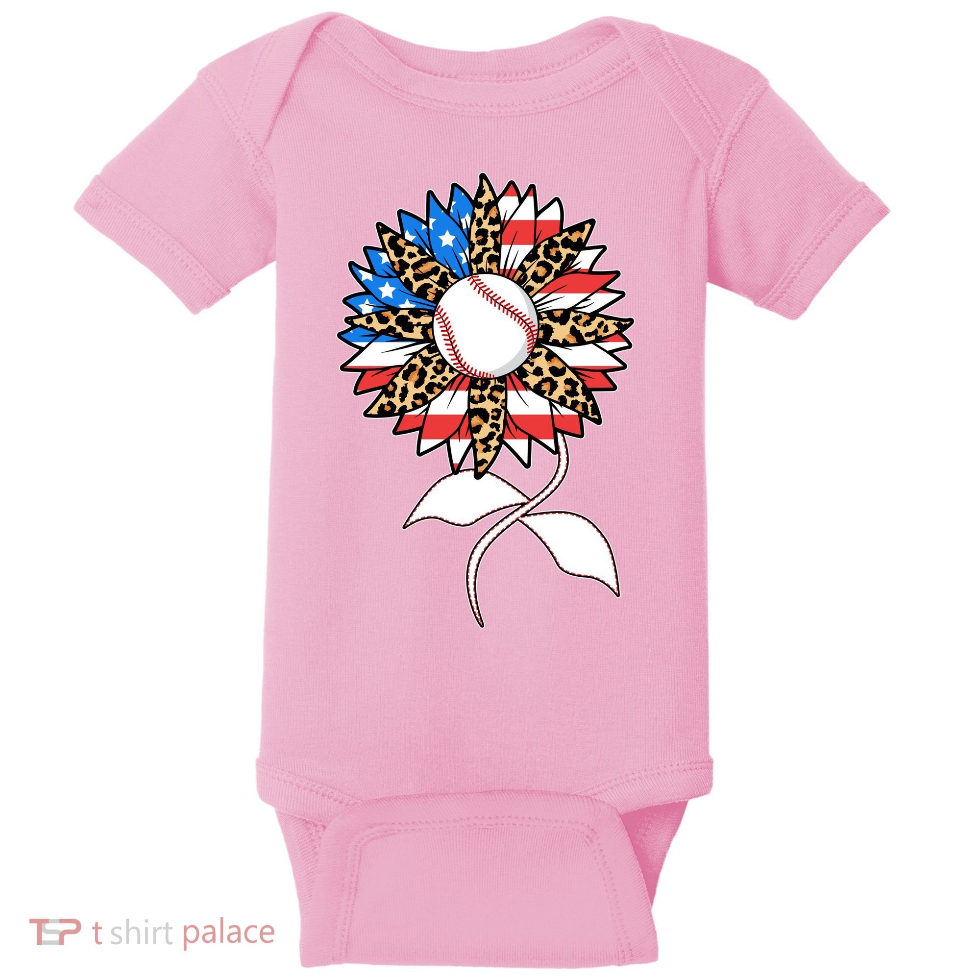 Cute USA American Flag Baseball Sunflower Baby Bodysuit