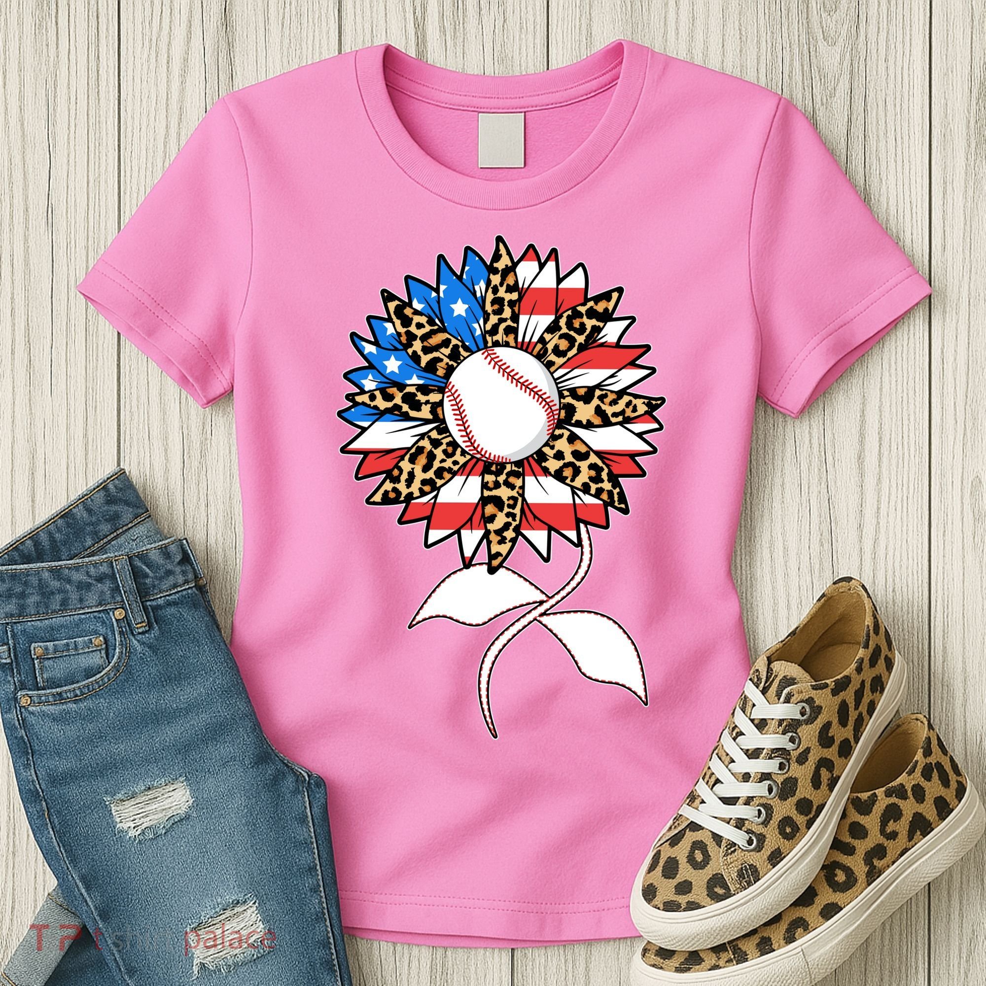 Cute USA American Flag Baseball Sunflower Women's T-Shirt