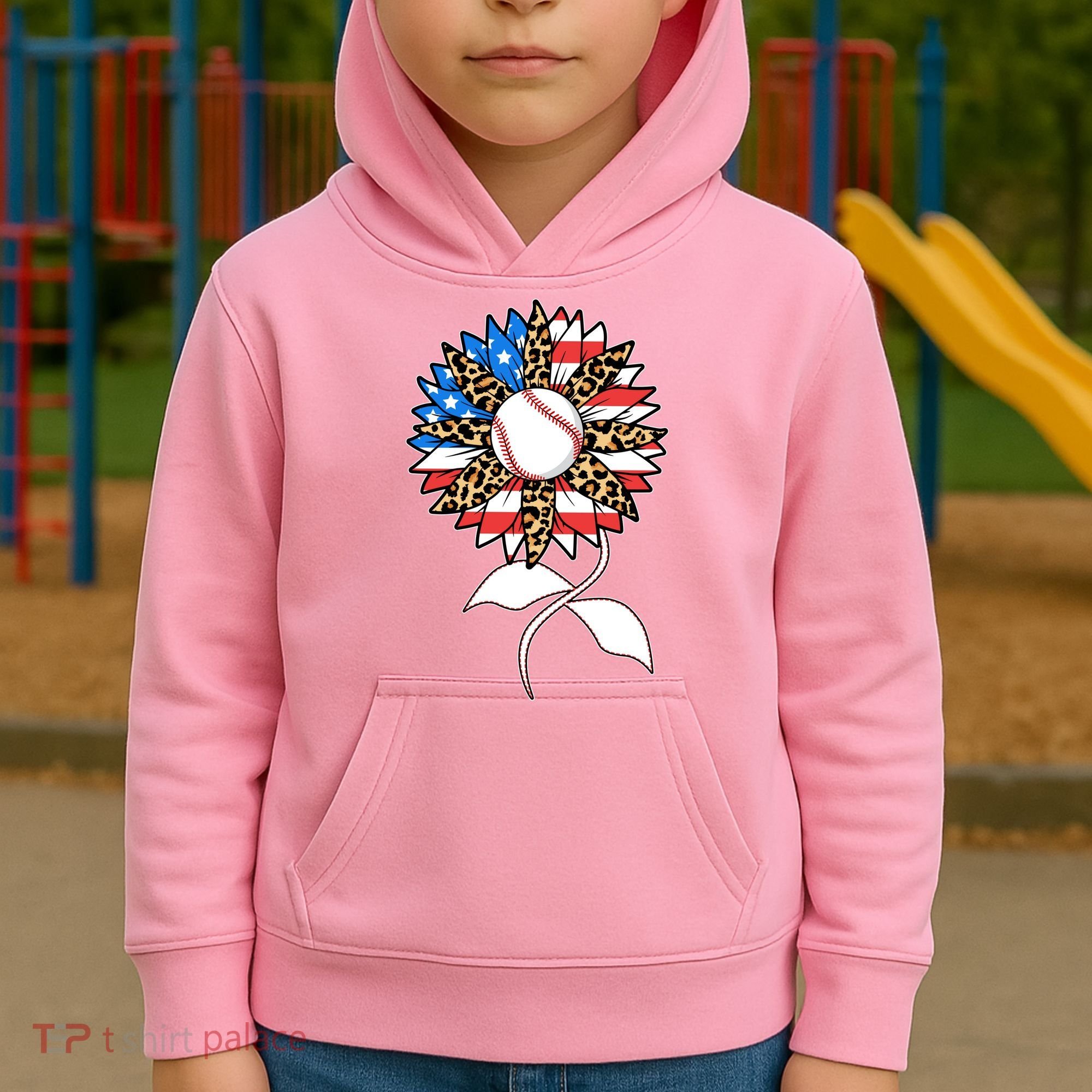 Cute USA American Flag Baseball Sunflower Kids Hoodie